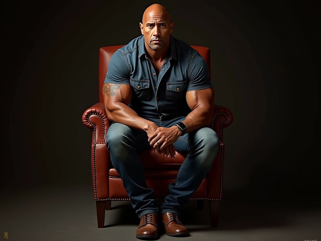 fazer um homem como DWAYNE JOHNSON sentado em uma cadeira e parece pobre e triste, com roupa rasgada e garrafa de cerveja na mao, disco Rigido, horizontal resolution 16:9