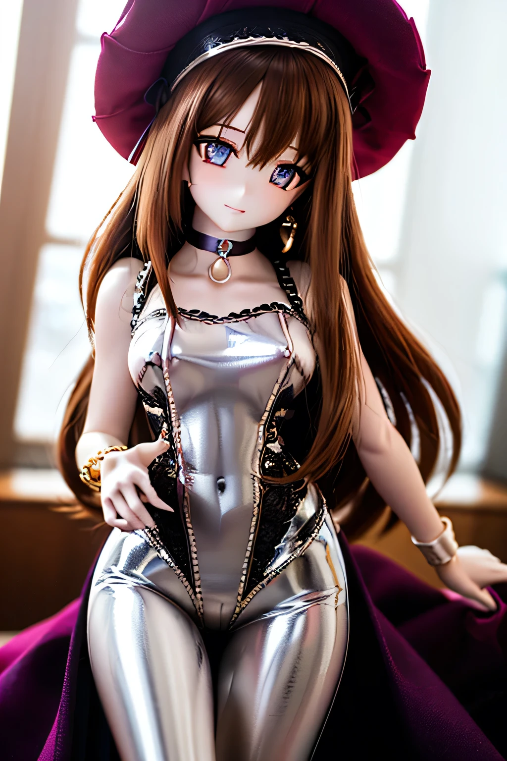 (SFW:2), photorealistic, realistic photo, 8k, Canon EOS, ((highest quality)), ((masterpiece)), (extremely detailed), dd, doll, idol dress, plastic skin, (squinted eyes:1.4), (mature woman, 21yo, 21 years old, solo:1.6), (slim, skinny, slender, brown hair, long hair, hat, choker, half opened mouth, purple brown eyes, glass eyes, shining eyes, looking at viewer, detailed face:1.3)