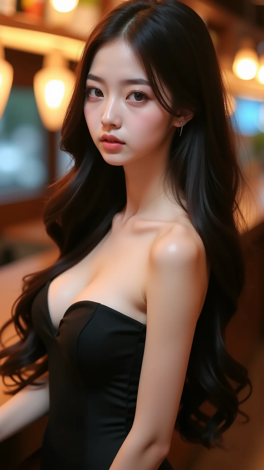 Portrait of a Japanese woman 21 years old with long, dark, glossy hair and large expressive eyes. Her petite figure is accentuated by a light black sexy short summer dress that flows gently in the breeze. She at the luxury bar in a club, wonderful night lights. The scene is captured in stunning high-quality, as if for a premium advertisement, with a perfect doll-like appearance that emphasizes elegance and charm