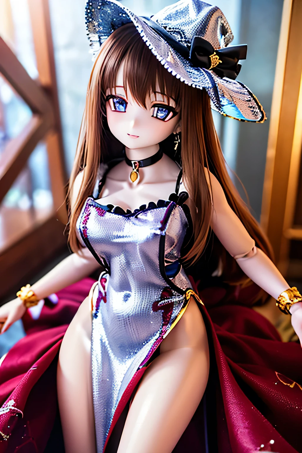 (SFW:2), photorealistic, realistic photo, 8k, Canon EOS, ((highest quality)), ((masterpiece)), (extremely detailed), dd, doll, idol dress, plastic skin, (squinted eyes:1.4), (mature woman, 21yo, 21 years old, solo:1.6), (slim, skinny, slender, brown hair, long hair, hat, choker, half opened mouth, purple brown eyes, glass eyes, shining eyes, looking at viewer, detailed face:1.3)