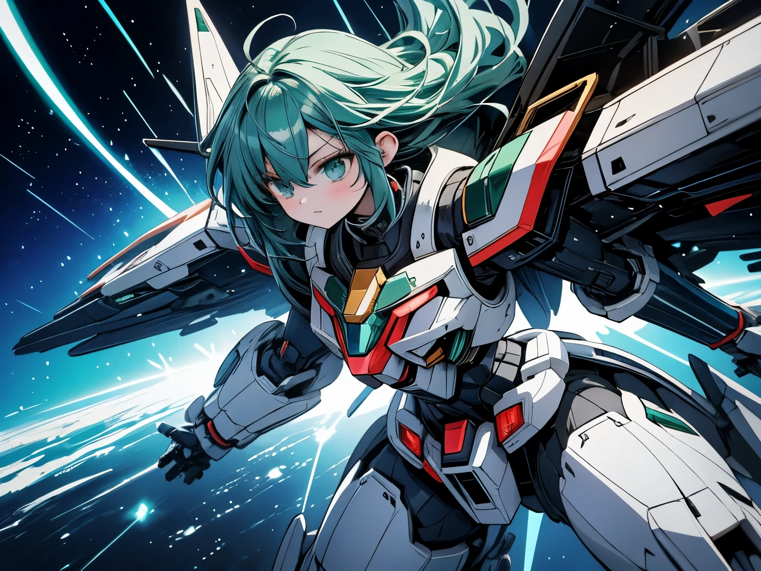 4k anime style, Smooth anime CG, 8k anime, Best quality, High resolution,Superdetail,Teenager, Anime, Long emerald green hair, Emerald green eyes, B-cup chest, Beautiful waist,Female body type,A large, complex, anime-style mecha, likely a Gundam, is the central figure.  The mecha is predominantly white with black and blue accents.  Its design is intricate, featuring numerous angular parts, weaponry, and large, detailed wing-like extensions. The mecha is in a dynamic pose, appearing poised for action or flight.  The background is a vibrant, light blue sky.  Sparkle or glowing effects are visible, particularly around the mecha, adding a sense of energy and dynamism.  The image's composition centers on the mecha, with the background serving to highlight its form and design. The perspective is from a slightly low angle, emphasizing the mecha's impressive size and scale.  The colours are bold and bright, with a strong contrast between the white, black, and blue hues. The style is exaggerated yet detailed, typical of anime illustration, possessing a strong energetic and heroic atmosphere.
