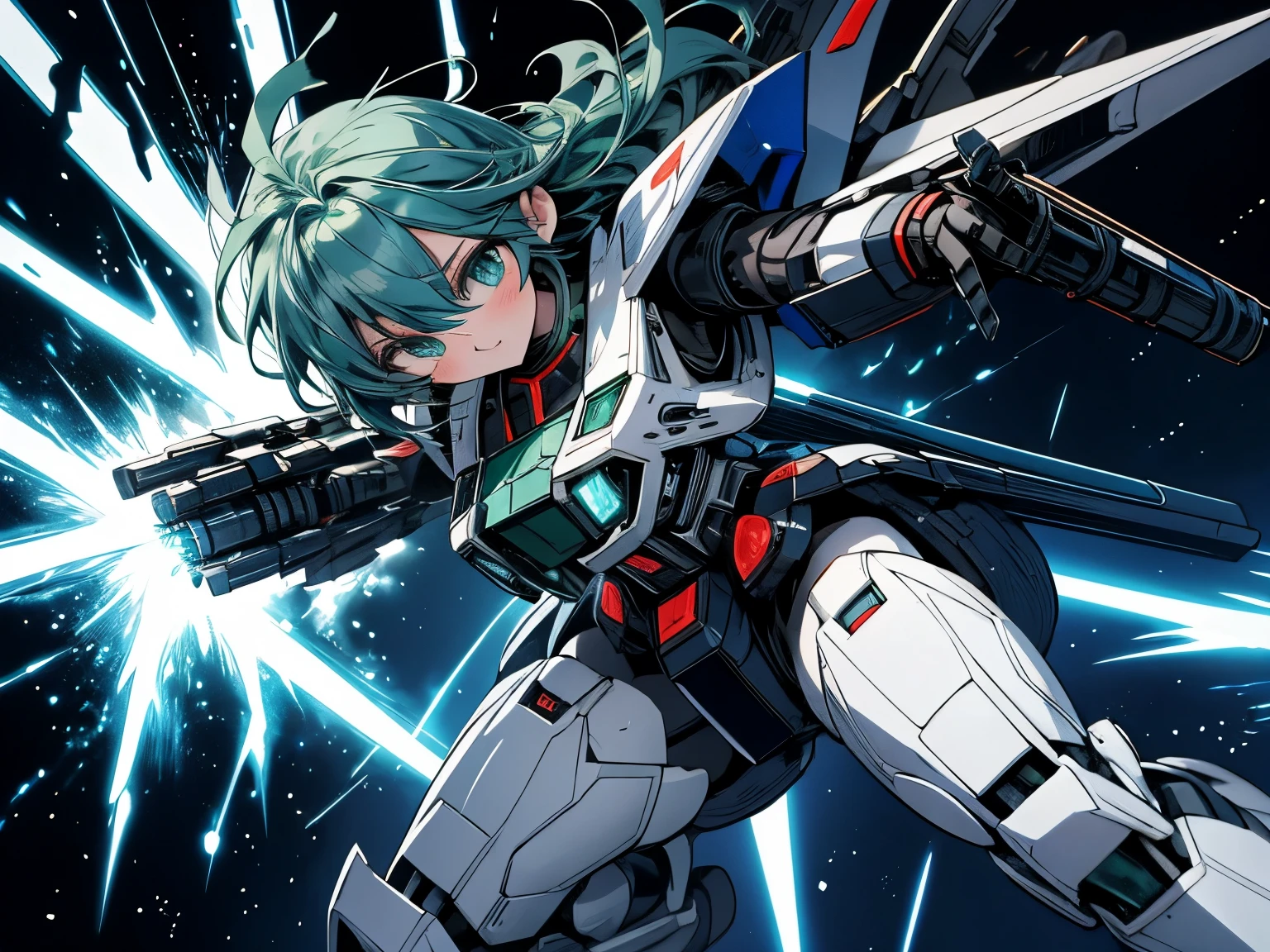 4k anime style, Smooth anime CG, 8k anime, Best quality, High resolution,Superdetail,Teenager, Anime, Long emerald green hair, Emerald green eyes, B-cup chest, Beautiful waist,Female body type,A large, complex, anime-style mecha, likely a Gundam, is the central figure.  The mecha is predominantly white with black and blue accents.  Its design is intricate, featuring numerous angular parts, weaponry, and large, detailed wing-like extensions. The mecha is in a dynamic pose, appearing poised for action or flight.  The background is a vibrant, light blue sky.  Sparkle or glowing effects are visible, particularly around the mecha, adding a sense of energy and dynamism.  The image's composition centers on the mecha, with the background serving to highlight its form and design. The perspective is from a slightly low angle, emphasizing the mecha's impressive size and scale.  The colours are bold and bright, with a strong contrast between the white, black, and blue hues. The style is exaggerated yet detailed, typical of anime illustration, possessing a strong energetic and heroic atmosphere.
