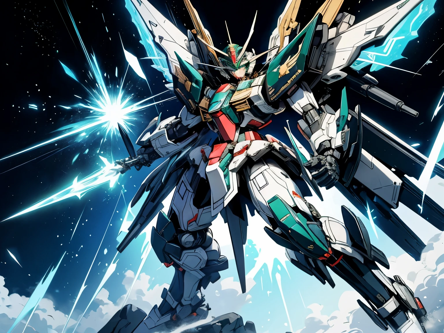 4k anime style, Smooth anime CG, 8k anime, Best quality, High resolution,Superdetail,Teenager, Anime, Long emerald green hair, Emerald green eyes, B-cup chest, Beautiful waist,Female body type,A large, complex, anime-style mecha, likely a Gundam, is the central figure.  The mecha is predominantly white with black and blue accents.  Its design is intricate, featuring numerous angular parts, weaponry, and large, detailed wing-like extensions. The mecha is in a dynamic pose, appearing poised for action or flight.  The background is a vibrant, light blue sky.  Sparkle or glowing effects are visible, particularly around the mecha, adding a sense of energy and dynamism.  The image's composition centers on the mecha, with the background serving to highlight its form and design. The perspective is from a slightly low angle, emphasizing the mecha's impressive size and scale.  The colours are bold and bright, with a strong contrast between the white, black, and blue hues. The style is exaggerated yet detailed, typical of anime illustration, possessing a strong energetic and heroic atmosphere.
