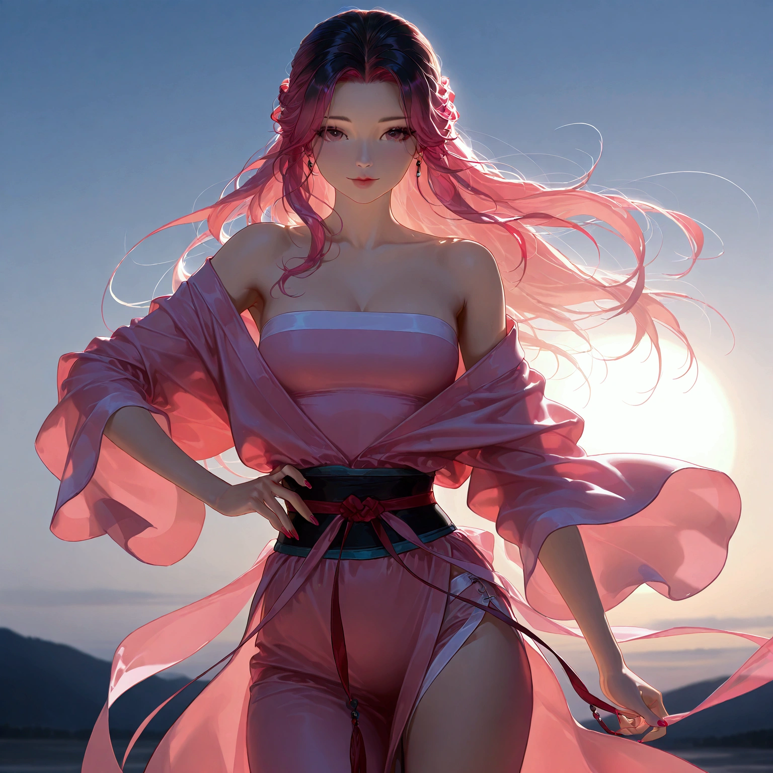 gufeng, guofeng, chinese clothes, pink hanfu, 1girl, solo, nail polish, from viewer,  cowboy shot, 
masterpiece, best quality, realistic, 8k, official art, cinematic light, ultra high res, perfect female body, sharp focus, 
HDR, 8k, amazing quality, very aesthetic, absurdres, newest, (volumetric lighting), photorealistic, photo background, detailed skin, detailed eyes, detailed hair, fantasy,