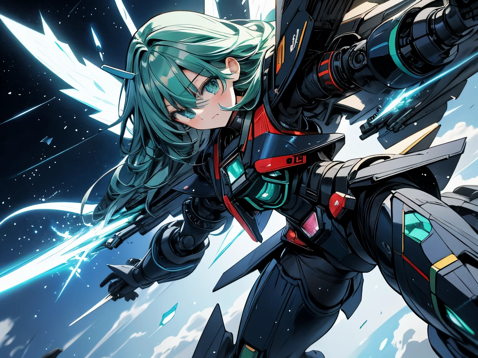 4k anime style, Smooth anime CG, 8k anime, Best quality, High resolution,Superdetail,Teenager, Anime, Long emerald green hair, Emerald green eyes, B-cup chest, Beautiful waist,Female body type,A large, complex, anime-style mecha, likely a Gundam, is the central figure.  The mecha is predominantly white with black and blue accents.  Its design is intricate, featuring numerous angular parts, weaponry, and large, detailed wing-like extensions. The mecha is in a dynamic pose, appearing poised for action or flight.  The background is a vibrant, light blue sky.  Sparkle or glowing effects are visible, particularly around the mecha, adding a sense of energy and dynamism.  The image's composition centers on the mecha, with the background serving to highlight its form and design. The perspective is from a slightly low angle, emphasizing the mecha's impressive size and scale.  The colours are bold and bright, with a strong contrast between the white, black, and blue hues. The style is exaggerated yet detailed, typical of anime illustration, possessing a strong energetic and heroic atmosphere.
