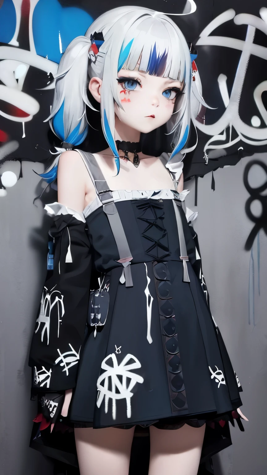 Gawr Gura Gothic theme. masterpiece, best quality, 1girl, solo, choker, (graffiti:1.5), paint splatter, arms behind back, against wall, looking at viewer, multicolored hair, pigtails