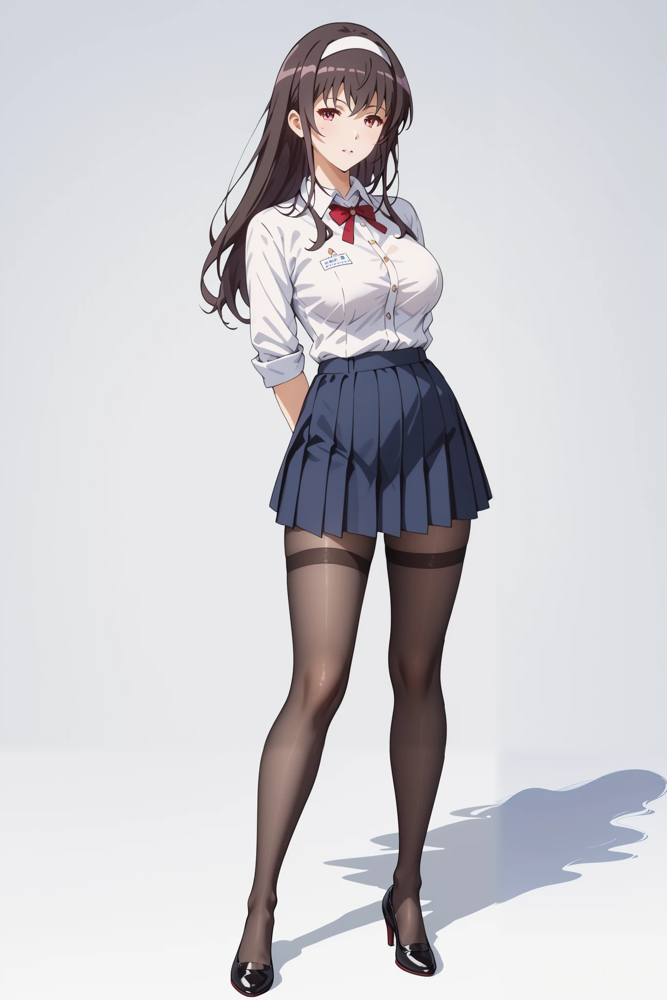 Masterpiece, extremely detailed,4k ,2D ultra graphic,anime ,solo,1girl ,stand up,kasumigaoka utaha,stand up,full body,beauty face,large breasts ,teacher uniform,body goals,slim body,slim models body,straddle,arms behind back,looking at viewers,front looks,plain white ba ckground