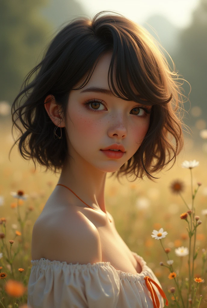 1 girl, Beautiful face, bob haircut, hair, freckles, lips, long hair, I look at the viewer, dirty hair, orange hair,
half body shot, realistic, One, teeth walking through a cornfield. dramatic sky,