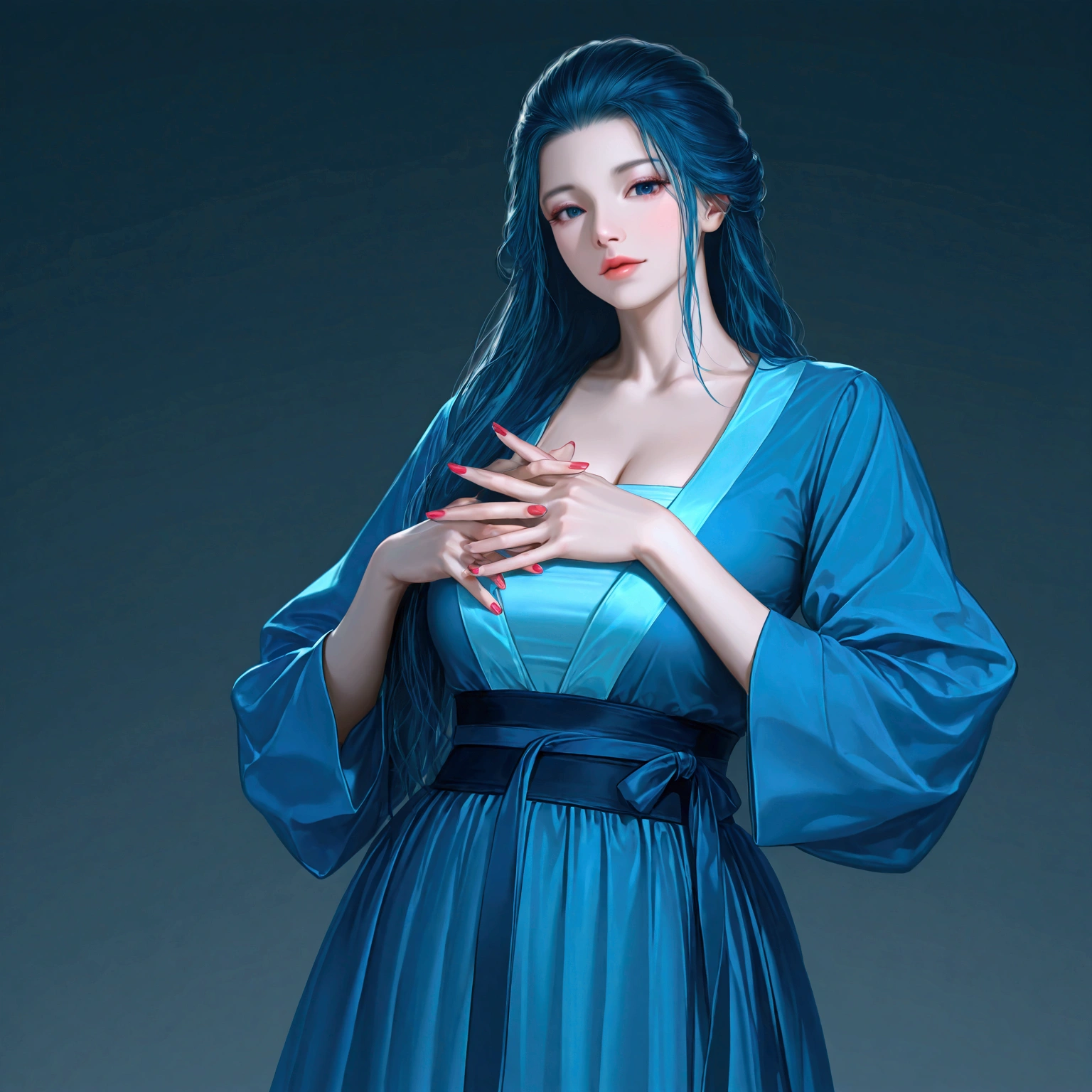 gufeng, guofeng, chinese clothes, blue hanfu, 1girl, solo, nail polish, from viewer,  cowboy shot, 
masterpiece, best quality, realistic, 8k, official art, cinematic light, ultra high res, perfect female body, sharp focus, 
HDR, 8k, amazing quality, very aesthetic, absurdres, newest, (volumetric lighting), photorealistic, photo background, detailed skin, detailed eyes, detailed hair, fantasy,