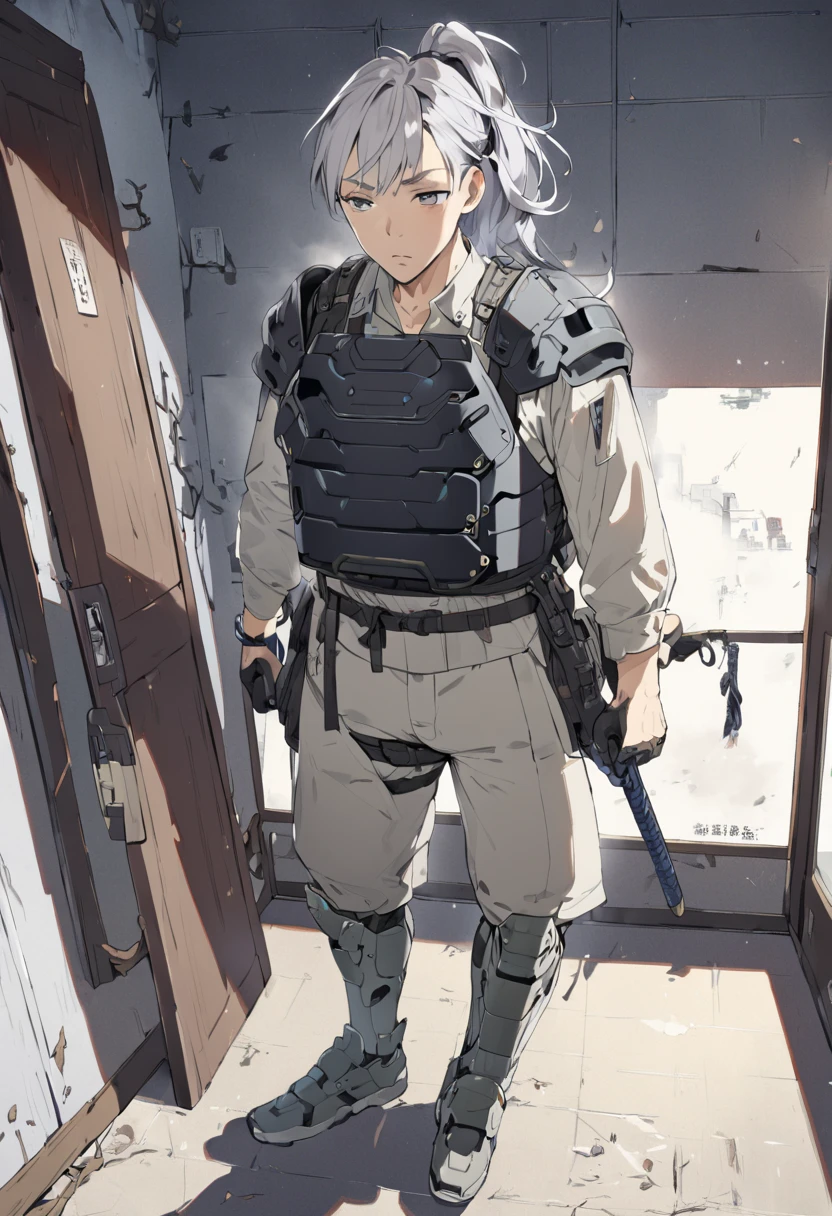 an old man, gray hair wearing a ponytail, he is Chinese, a tactical combat armor, a sword in his back sheath, he is sitting in a room, 8k high definition