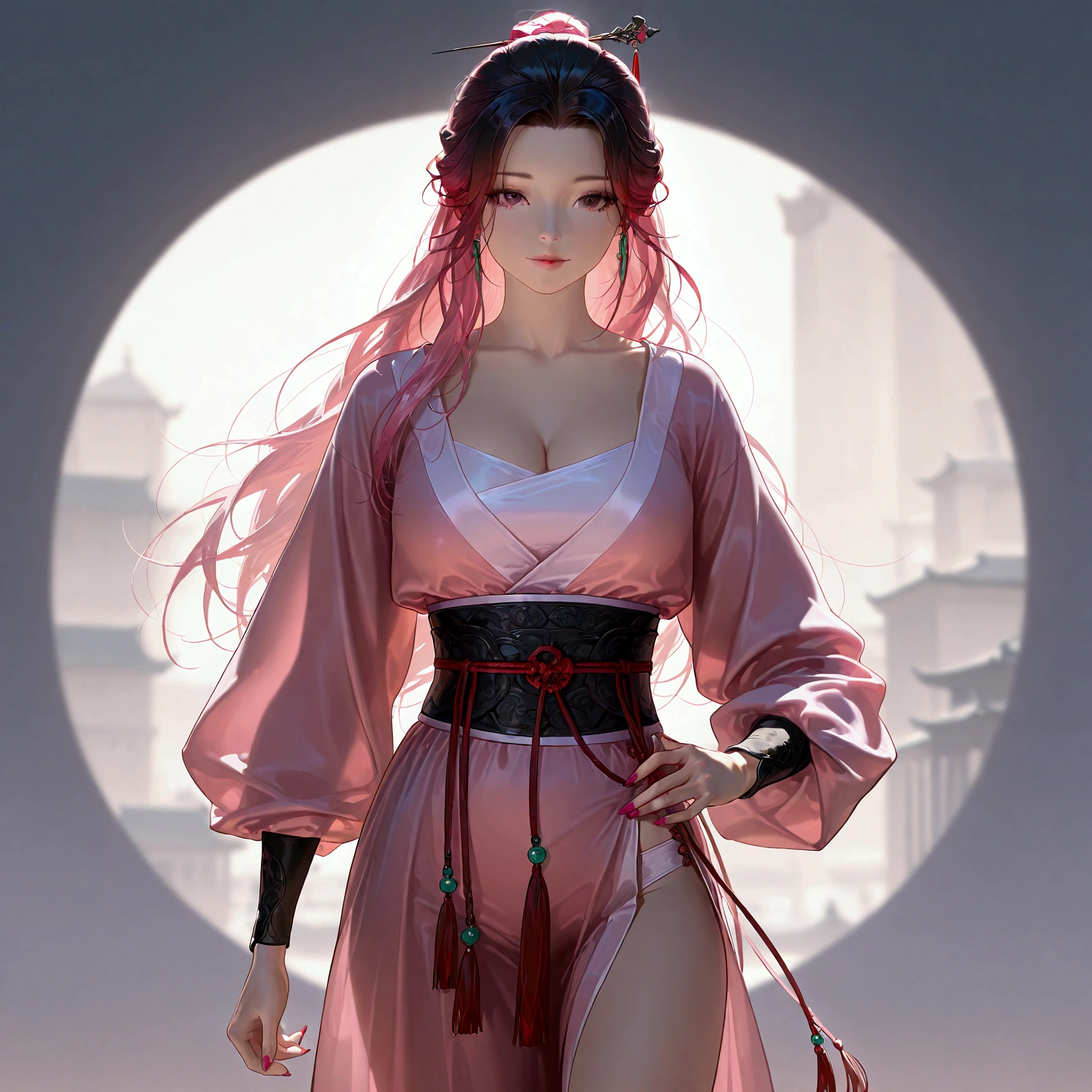 gufeng, guofeng, chinese clothes, pink hanfu, 1girl, solo, nail polish, from viewer,  cowboy shot, 
masterpiece, best quality, realistic, 8k, official art, cinematic light, ultra high res, perfect female body, sharp focus, 
HDR, 8k, amazing quality, very aesthetic, absurdres, newest, (volumetric lighting), photorealistic, photo background, detailed skin, detailed eyes, detailed hair, fantasy,