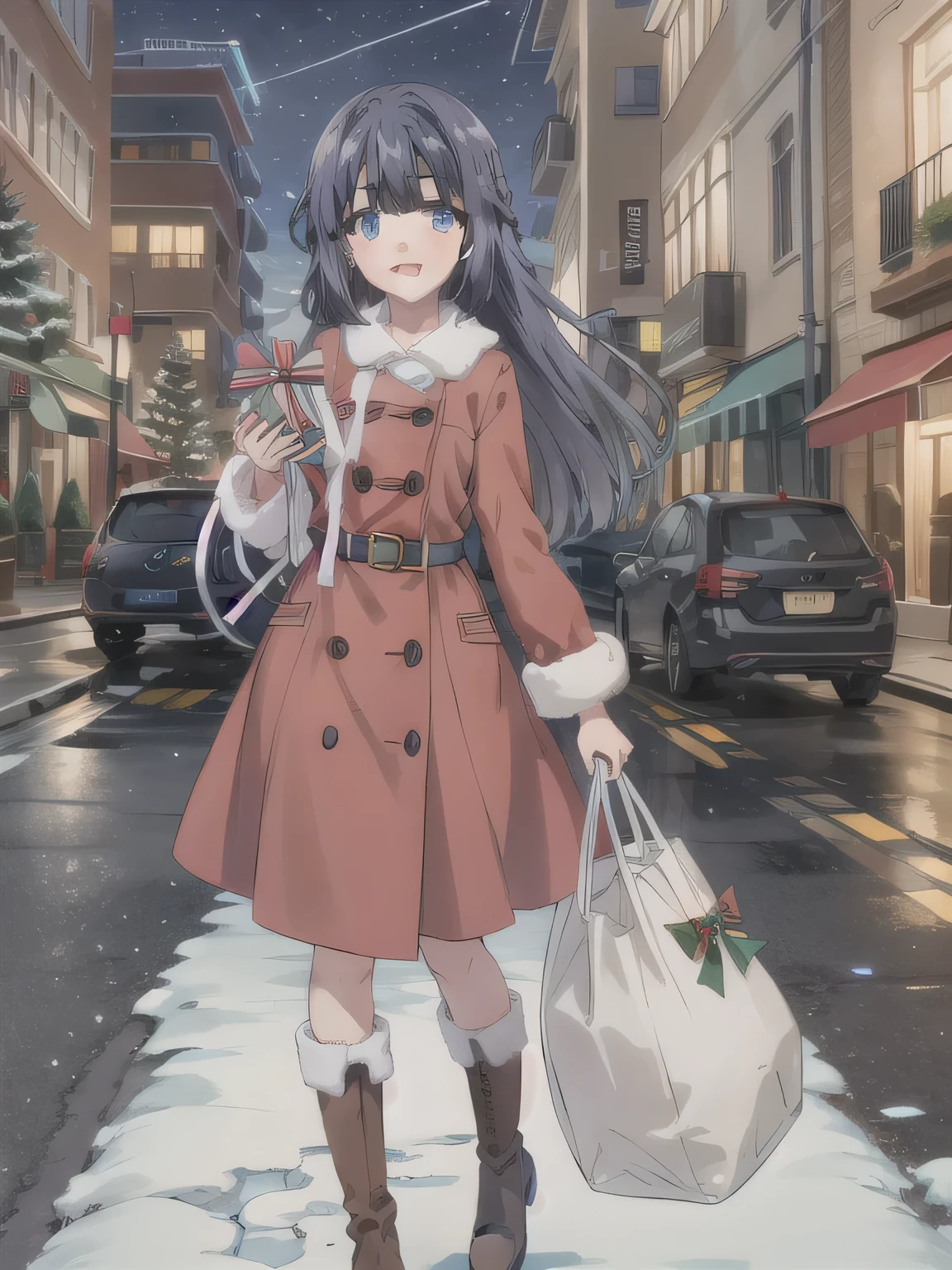 She is dressed in a classic Santa Claus outfit, with a red and white coat, a matching skirt, and black boots, perfectly tailored to her small frame. On her back, she carries a large, white sack filled with presents, the soft fabric of the bag hinting at its generous contents. The The background is a street corner illuminated with Christmas decorations, with the sky transitioning from a warm orange of sunset to the cool blue of night. Snowflakes gently fall, adding to the tranquil winter atmosphere. The girl’s bright and cheerful expression contrasts beautifully with the peaceful surroundings, evoking a sense of warmth and festive joy. masterpiece,  top quality ,  High Definition ,  tall ,  long legs ,  mature female, long hair,smile,  open mouth,  blue eyes,  blue hair,  black hair, braided ,bangs.