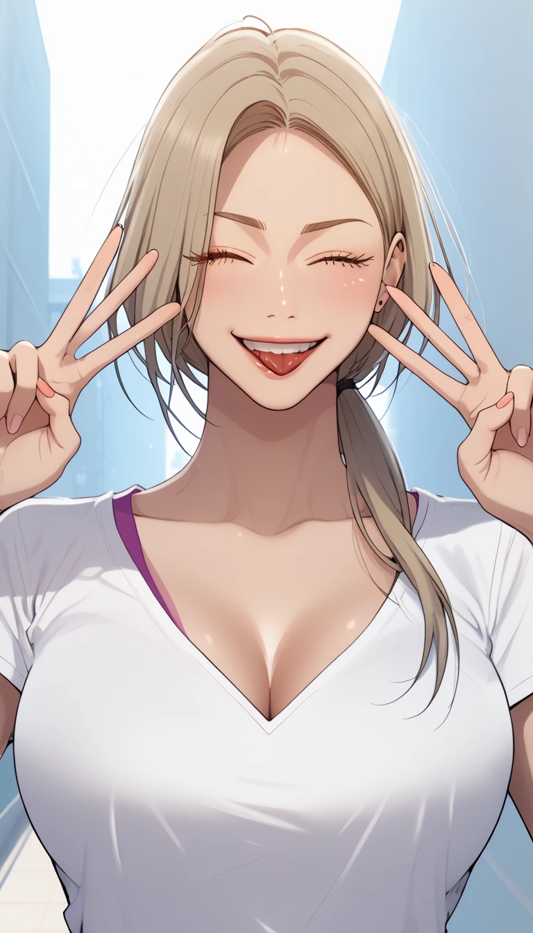 masterpiece, best quality, high quality, high resolution, high details, accurate, intricate details, 1girl, solo, scdef, Cha Mia, blonde hair, low ponytail, white t-shirt, cleavage, looking at viewer, wink, smile, tongue out, double V gesture, upper body, close-up