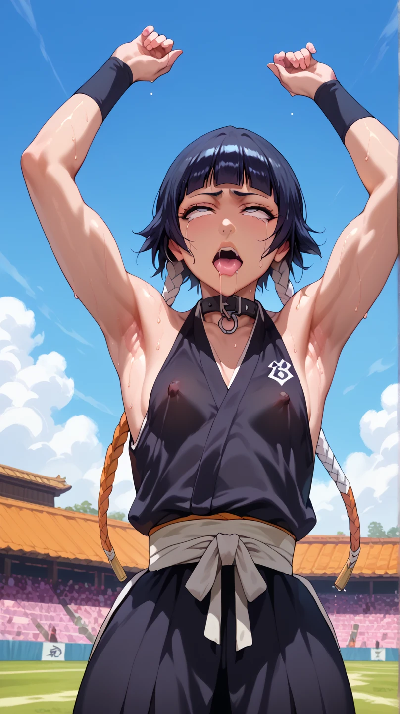 a picture, inspired by Kentaro Miura, trending on pixiv, soifon from bleach, black uniform, favorite scene, fine details, skins, sweating, small breasts, both hands raised, armpits, (small head),armpits visible, dripping with sweat, more more sweat, ((Japanese clothes)),open mouth,rolling eyes,muscle,kneel down,open legs,For the audience, (muscle:1.2),Looking at the audience, tired, (small breasts),sexy body,perfect body,(drooling), tears, head wet, runny nose, black hair, Nipple exposure，dog collar,transparent nose hook.