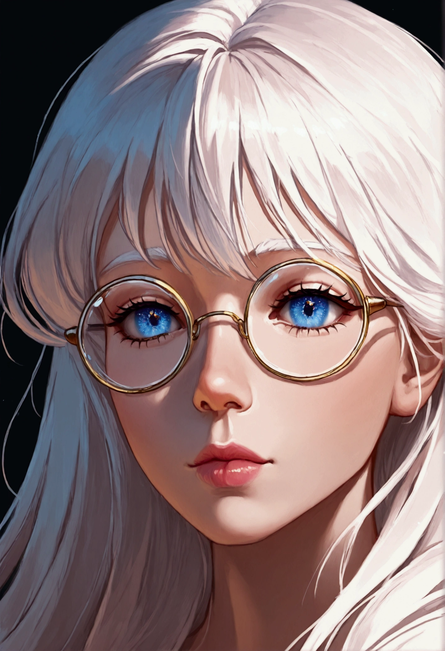 1girl,beautiful detailed eyes,beautiful detailed lips,extremely detailed eyes and face,longeyelashes,round white thin eyeglass,white hair,solo,detailed portrait,cinematic lighting,dramatic lighting,chiaroscuro,surreal,dreamlike,ethereal,intricate details,hyper realistic,highly detailed,vibrant colors,photorealistic,8k,best quality,masterpiece