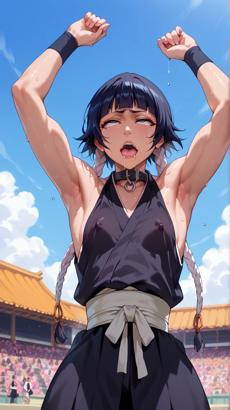 a picture, inspired by Kentaro Miura, trending on pixiv, soifon from bleach, black uniform, favorite scene, fine details, skins, sweating, small breasts, both hands raised, armpits, (small head),armpits visible, dripping with sweat, more more sweat, ((Japanese clothes)),open mouth,rolling eyes,muscle,kneel down,open legs,For the audience, (muscle:1.2),Looking at the audience, tired, (small breasts),sexy body,perfect body,(drooling), tears, head wet, runny nose, black hair, Nipple exposure，dog collar.