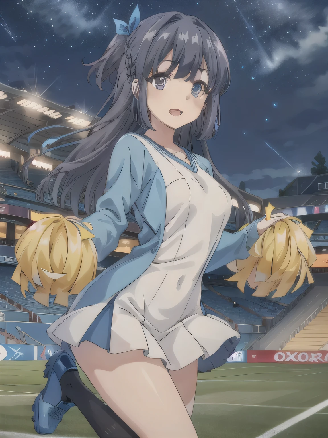 nsfw. She's wearing a cheerleader costume with a cute design, and her miniskirt and bright bow are eye-catching. She is holding blue pompoms in both hands. The background is a soccer stadium illuminated by the night sky, and the lighting creates a dramatic atmosphere. She is cheering in a pose with one leg raised high. White panties are visible. masterpiece, top quality , High Definition , tall , long legs , mature female, long hair,smile, open mouth, blue eyes, blue hair, black hair, braided ,bangs.