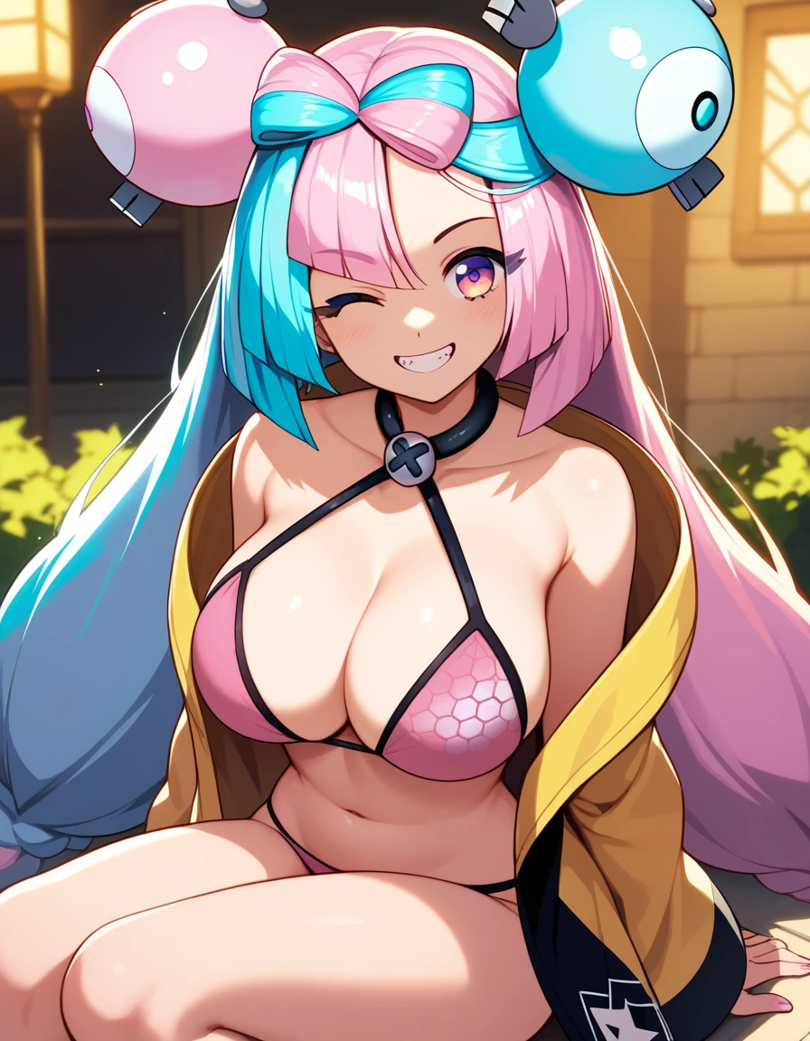 score_9, score_8_up, score_7_up, best quality, source_anime, clear face, 1girl, iono, pink and blue hair, long hair, pink eyes, large breasts,  ligth pink bikini, cleavage, smile, outdoor, good lighting, front view, showing armpit, winking one eye, spreading legs, sitting, uncovering boobs, visible boobs