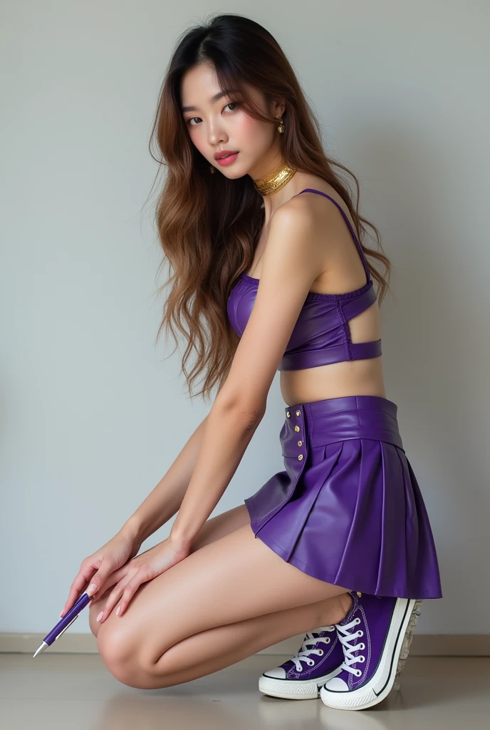(masterpiece, best quality:1.5), highest quality, High resolution, super detailed, Realists, Full body photo of a brunette 22 year old woman, detailed and beautiful eyes, beautiful detailed lips, very detailed eyes and face, longeyelashes, 22-year-old woman in a purple shiny satin tank top and a white pleated skirt, Beautiful and colorful makeup, elegant and noble々Pose,shiny satin headband,, City as background, bright daylight, bright colors, fine brushstrokes, Portrait style, beautiful color palette, glowing skin, First-class rendering, that captures every detail, enchanting atmosphere, (perfect ???????:1.2), (The stunning woman wears a purple satin tank top and a white pleated skirt. She smiles flirtatiously., Showcasing her figure (magnificent panorama view:1.2)