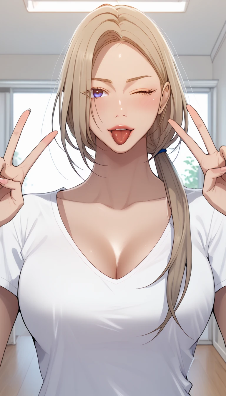 masterpiece, best quality, high quality, high resolution, high details, accurate, intricate details, 1girl, solo, scdef, Cha Mia, blonde hair, long hair, low ponytail, white t-shirt, cleavage, looking at viewer, wink, tongue out, double V gesture, upper body, close-up, indoors 