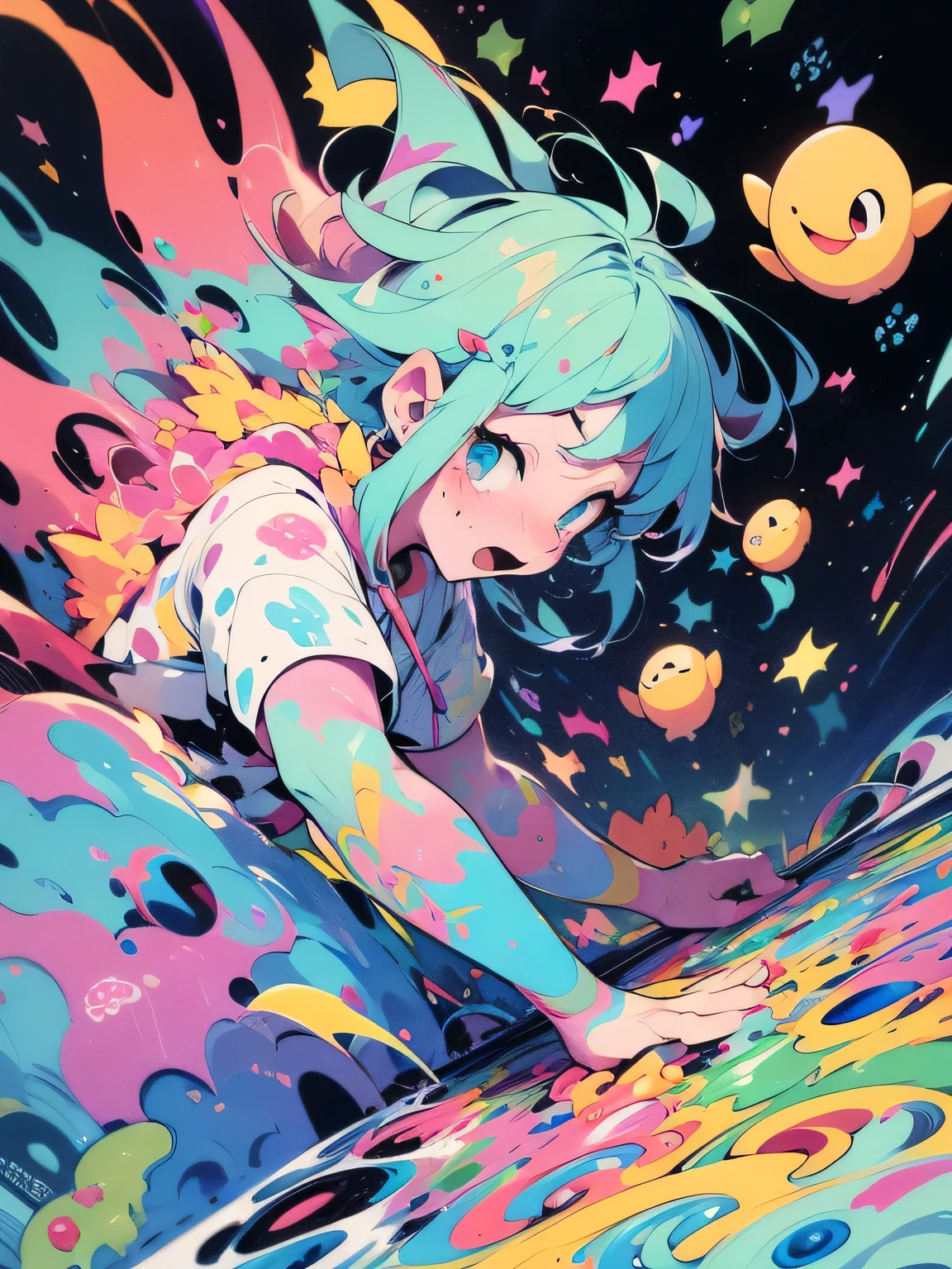 Anime girl with blue hair and blue eyes laying on a colorful surface ...