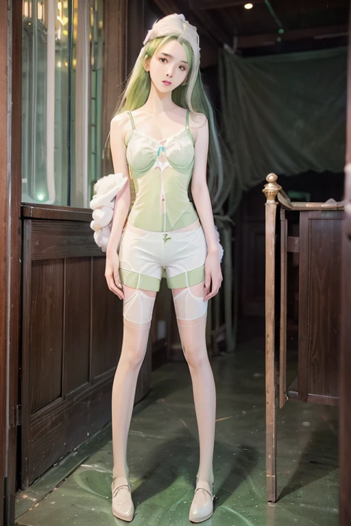 Girl posing for photo (light pastel green bra: 1.7) And (cotton see-through white shorts: 1.8), arms behind her back, (Full body, Full body: 1.9),  slim figure, Petite bust, Slim Girl Model, 16-year-old female model, Gold wire glasses,Super live-action quality images,Surreal photos,Almost completely naked,Wearing almost nothing,Korean Idol,Korea person,Korea person 美少女,Detailed expression of facial skin,Light cotton underwear,,Russian Korean,Very white skin,No pants, very small hip,school courtyard hallway, Slender body, slender leg,My heart flutters,Thin leg,Small buttocks,