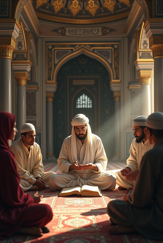 Create a beautiful Muslim men and women teaching Islamic knowledge