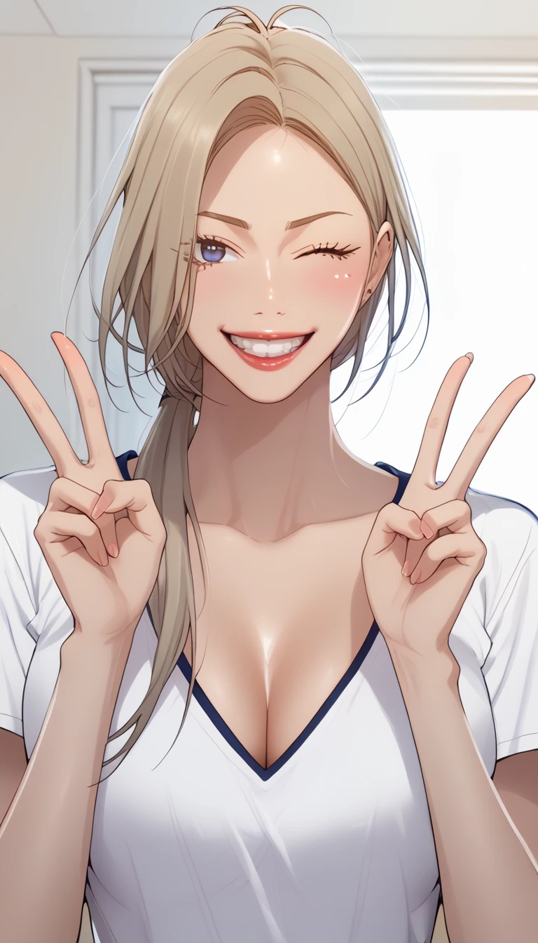 masterpiece, best quality, high quality, high resolution, high details, accurate, intricate details, 1girl, solo, scdef, Cha Mia, blonde hair, long hair, low ponytail, white t-shirt, cleavage, looking at viewer, wink, grin, tongue out, double V gesture, upper body, close-up, indoors 