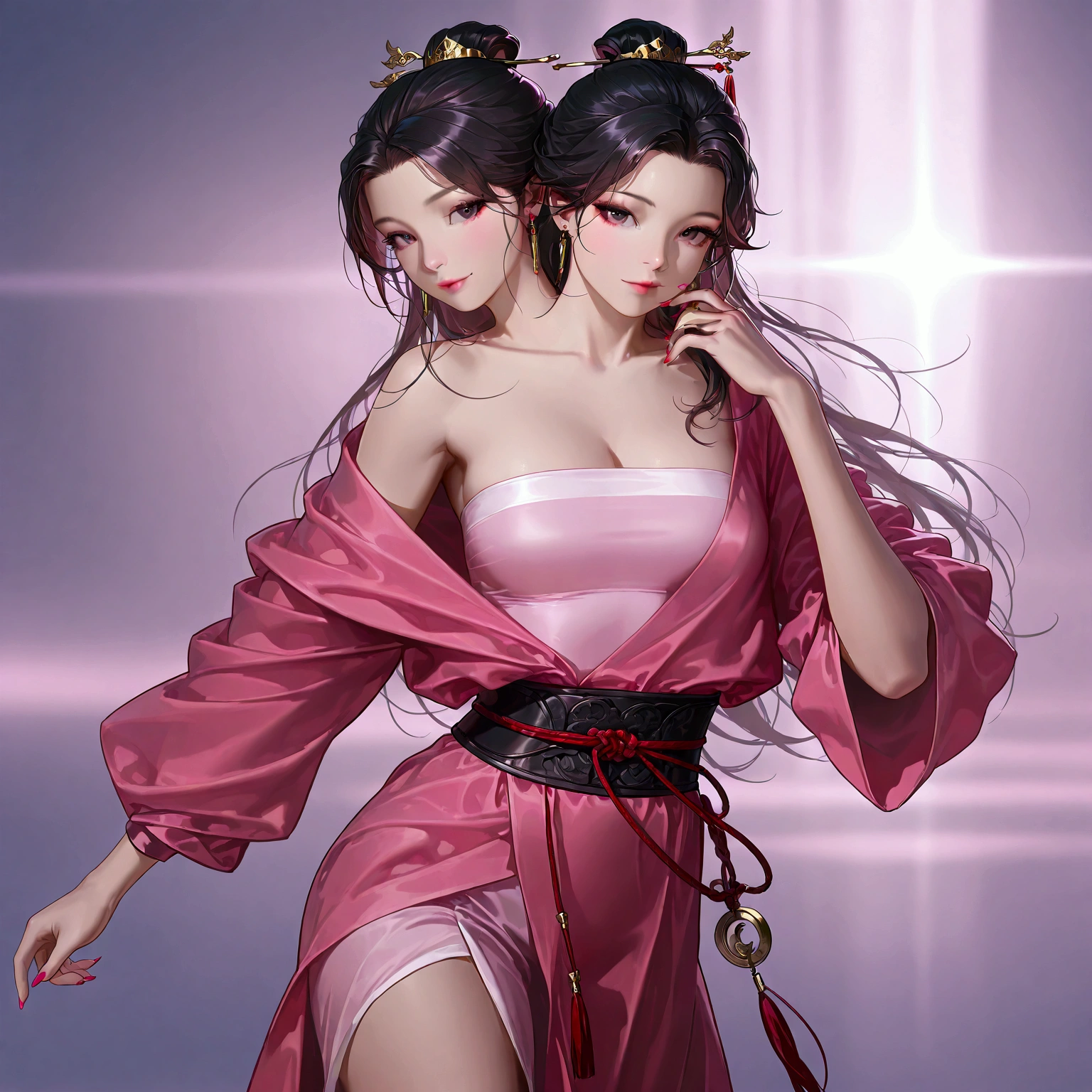 gufeng, guofeng, chinese clothes, pink hanfu, 1girl, solo, nail polish, from viewer,  cowboy shot, 
masterpiece, best quality, realistic, 8k, official art, cinematic light, ultra high res, perfect female body, sharp focus, 
HDR, 8k, amazing quality, very aesthetic, absurdres, newest, (volumetric lighting), photorealistic, photo background, detailed skin, detailed eyes, detailed hair, fantasy,