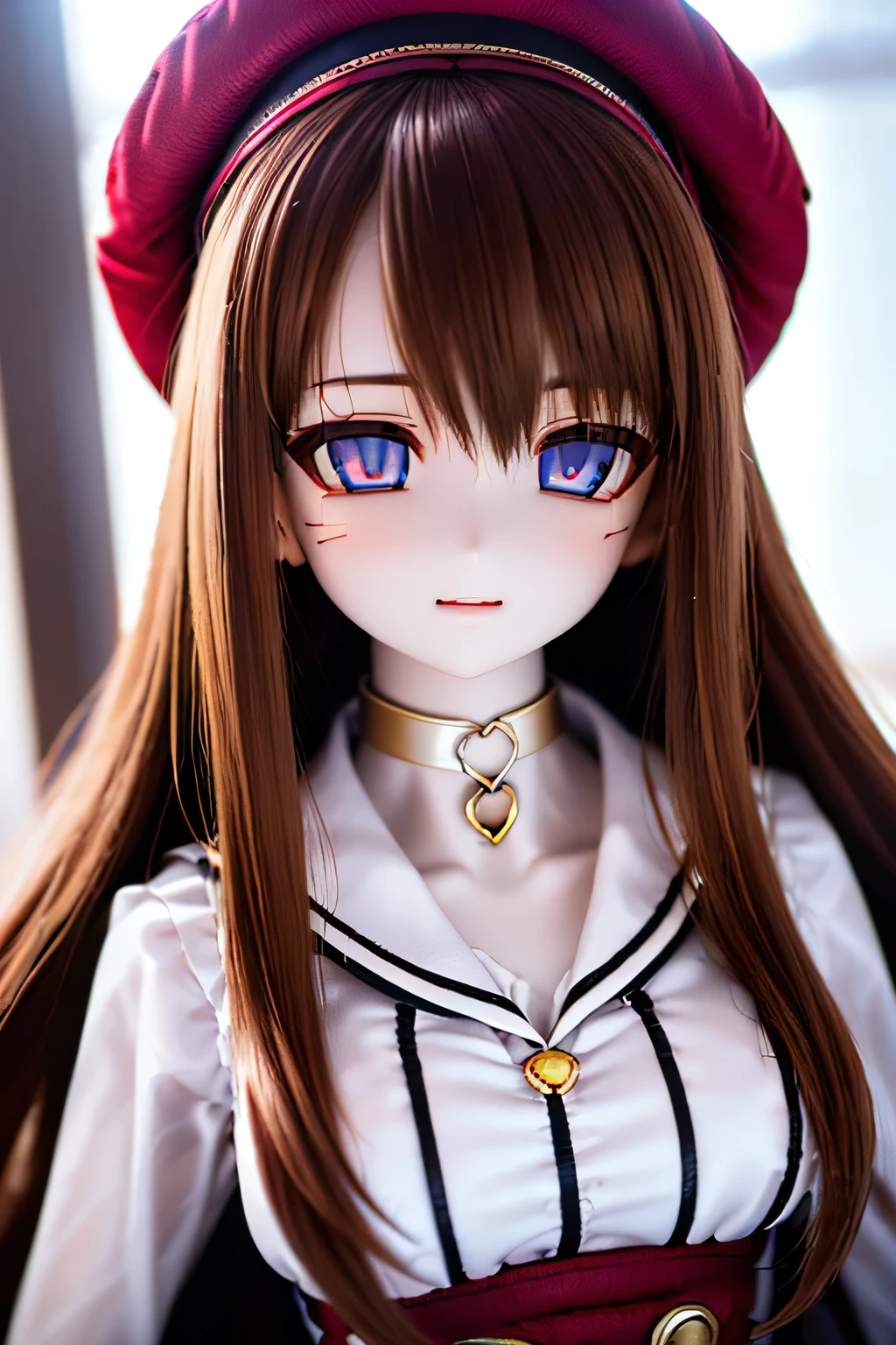 (SFW:2), photorealistic, realistic photo, 8k, Canon EOS, ((highest quality)), ((masterpiece)), (extremely detailed), dd, doll, idol dress, plastic skin, (squinted eyes:1.4), (mature woman, 21yo, 21 years old, solo:1.6), (slim, skinny, slender, brown hair, long hair, hat, choker, half opened mouth, purple brown eyes, glass eyes, shining eyes, looking at viewer, detailed face:1.3)