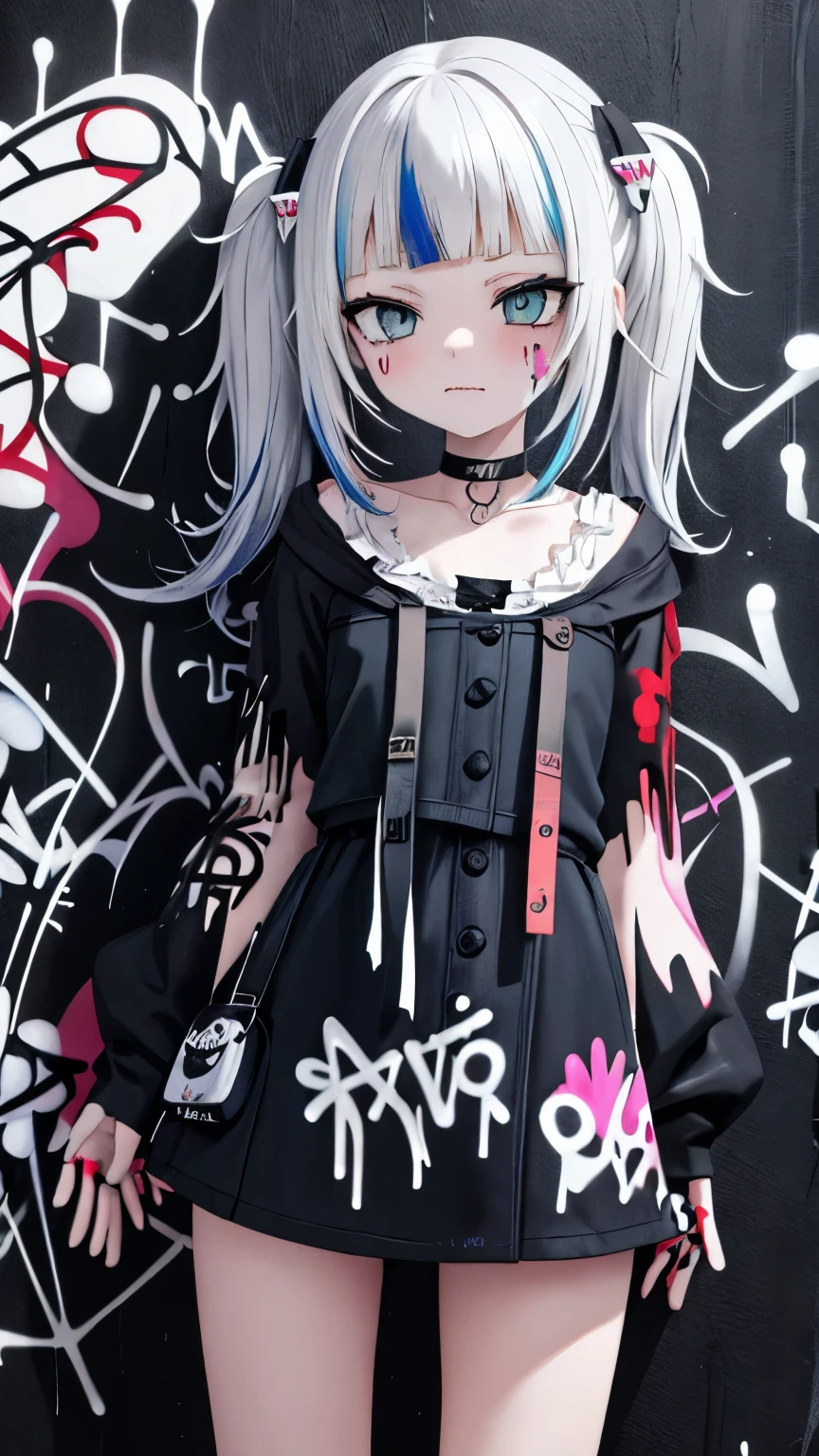 Gawr Gura Gothic theme. masterpiece, best quality, 1girl, solo, choker, (graffiti:1.5), paint splatter, arms behind back, against wall, looking at viewer, multicolored hair, pigtails. Graffiti style, maximalism style, wildstyle style.