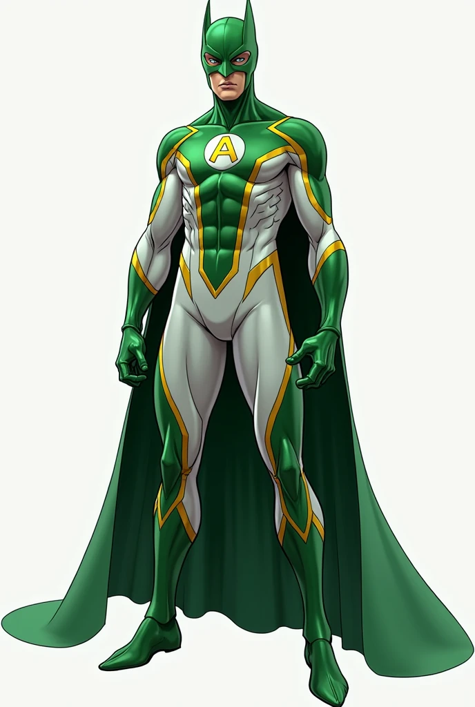 Create a highly detailed sketch of a modern male superhero who serves as the mascot for a medication brand. He should be powerful yet stylish, wearing an oversized costume in white and green colors. The design should emphasize modern, minimalist aesthetics, with smooth lines and high-tech fabrics that convey both strength and comfort. His outfit should include sleek gloves, futuristic sneakers, and subtle details that add to his powerful, fashionable look. The superhero should have a confident and commanding presence, with an expression that conveys calm strength and reliability. The background should remain simple, ensuring that this stylish, powerful hero is the center of attention.