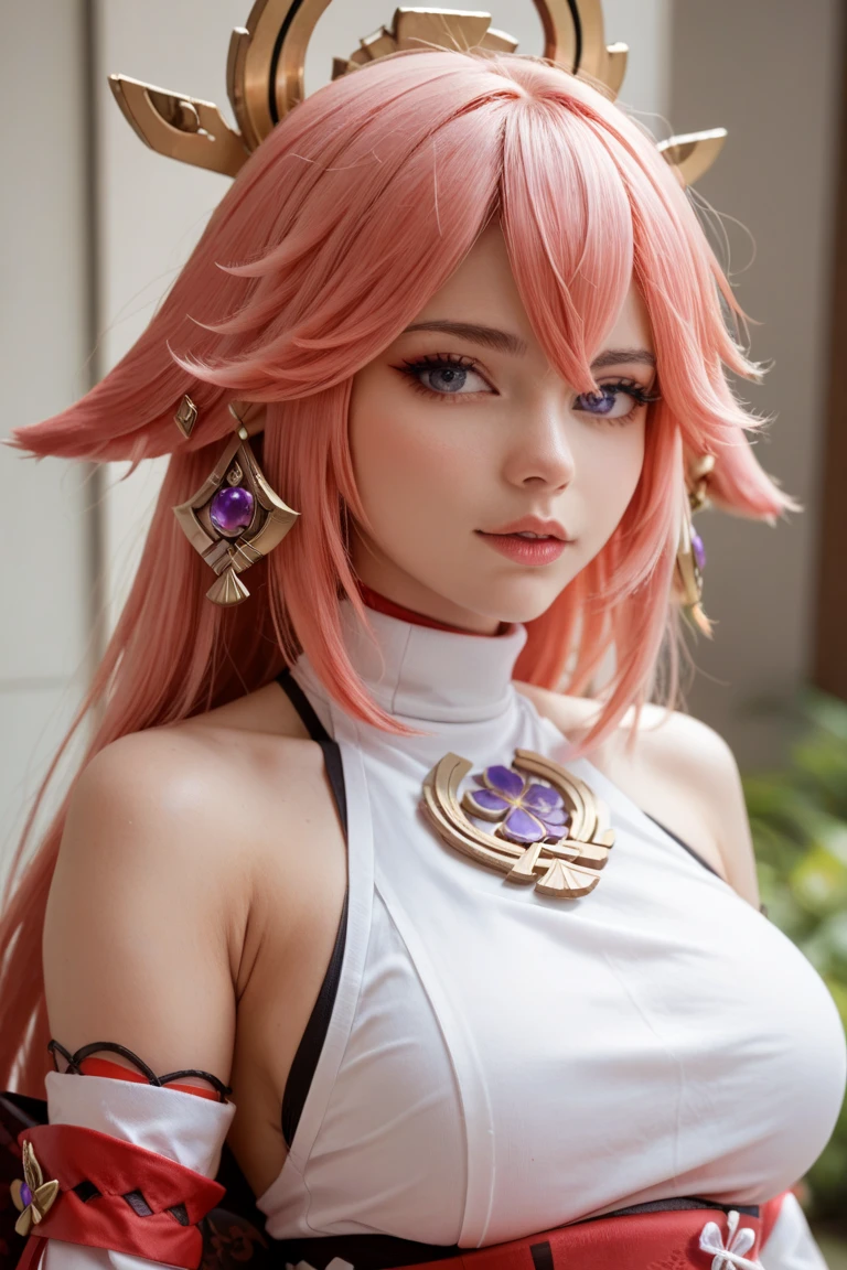 (tmasterpiece,Need,1girll,Solo,The details are complex,ssmile,color difference),photorealestic,((Medium breath)),cropped shoulders,(cleavage),Raised sexy,Close-up,Top-down view,little breast,Yae Miko,Pink Long Hair,red headgear,Red highlight,Purple eye,耳Nipple Ring,sharp look,Perfectly symmetrical figure,choker necklace,Neon shirt,Open jacket,high-necksweater,against a wall,clouds,blue-sky,scribbles,dim murky lights,looking at viewert,((Mean streak,Cleavage is seductive,big breasts enchanting)),(((sakurabackground))), (((Glow-in-the-dark background)))