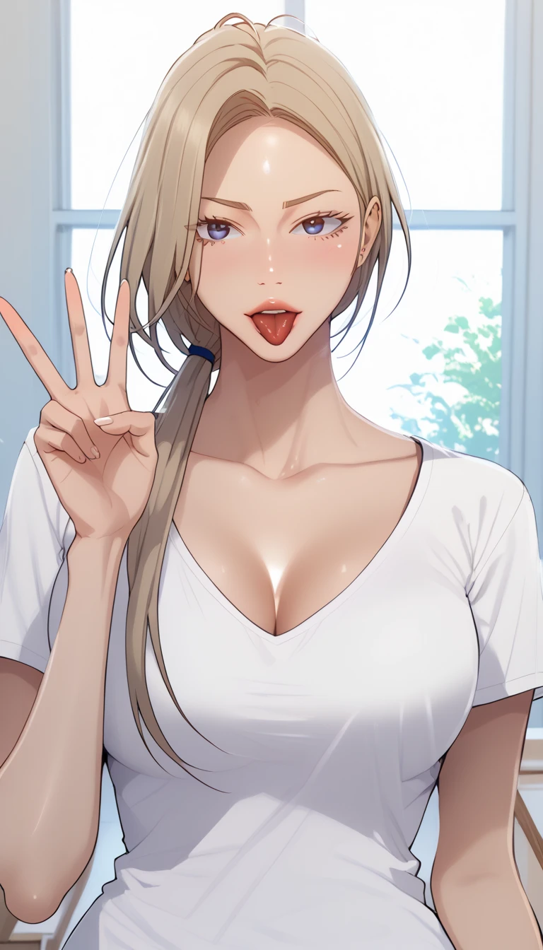 masterpiece, best quality, high quality, high resolution, high details, accurate, intricate details, 1girl, solo, scdef, Cha Mia, blonde hair, long hair, low ponytail, white t-shirt, cleavage, looking at viewer, tongue out, double V gesture, upper body, close-up, indoors 