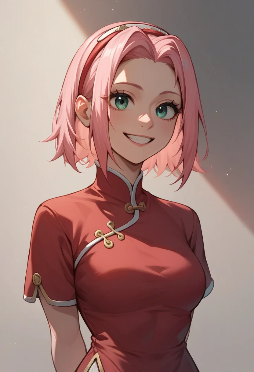 1girl, haruno sakura,  pink hair ,  long hair,  green eyes, red shirt, red qipao ,  short sleeves ,
 hands behind the back, smile,  upper body ,  tight red dress 