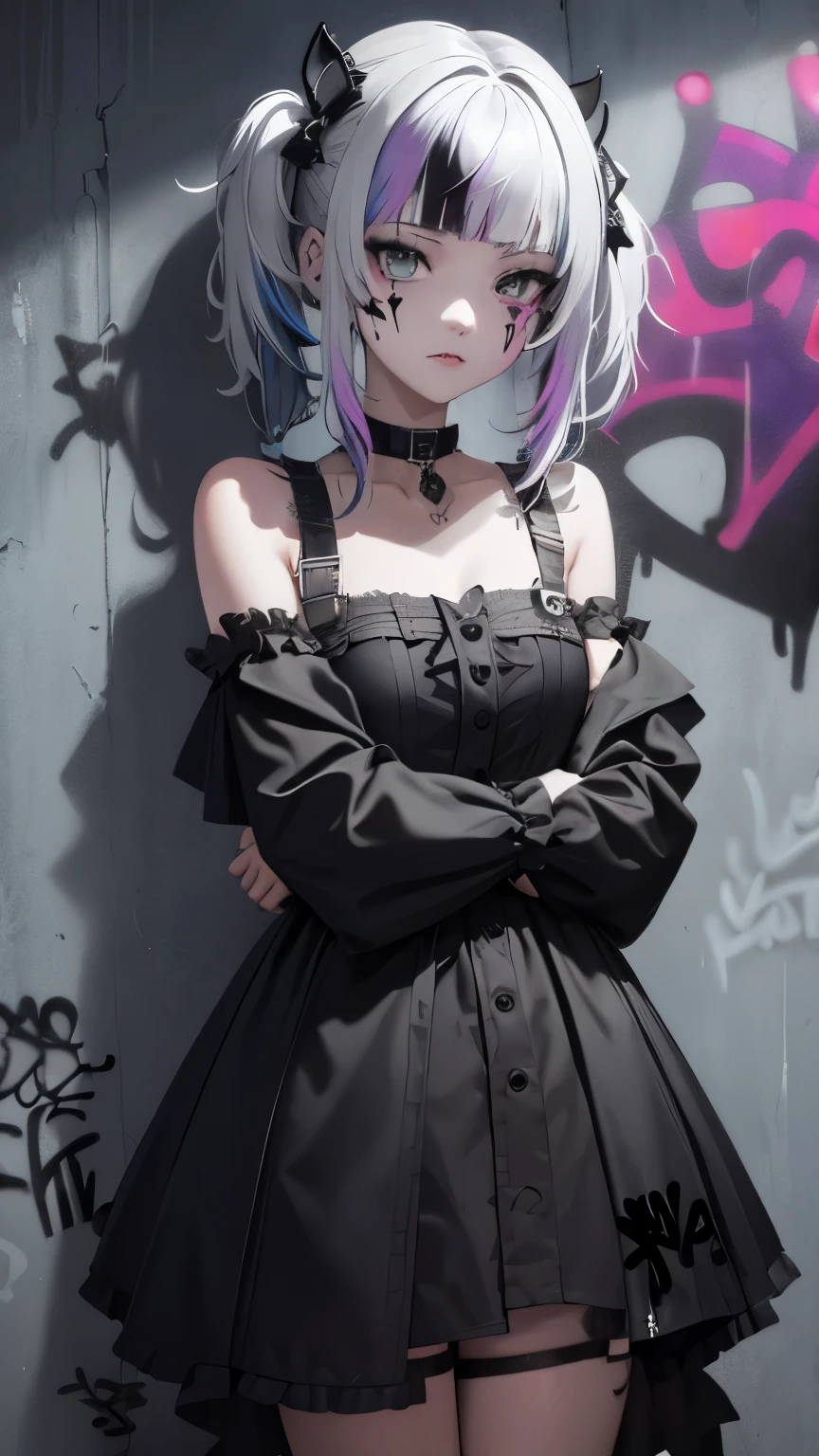 Gothic theme. masterpiece, best quality, 1girl, solo, choker, (graffiti:1.5), paint splatter, arms behind back, against wall, looking at viewer, multicolored hair, pigtails