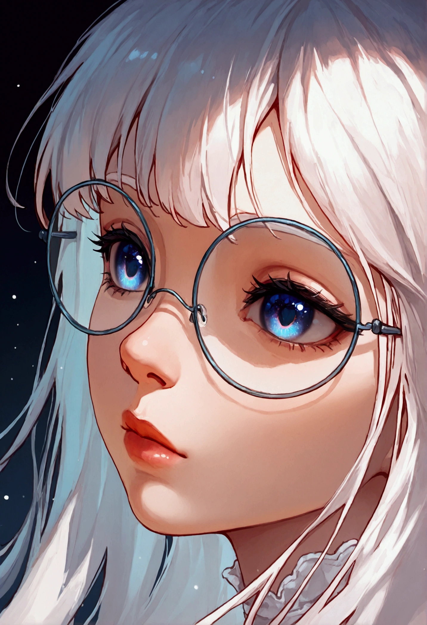 1girl,beautiful detailed eyes,beautiful detailed lips,extremely detailed eyes and face,longeyelashes,round white thin eyeglass,white hair,solo,detailed portrait,cinematic lighting,dramatic lighting,chiaroscuro,surreal,dreamlike,ethereal,intricate details,hyper realistic,highly detailed,vibrant colors,photorealistic,8k,best quality,masterpiece