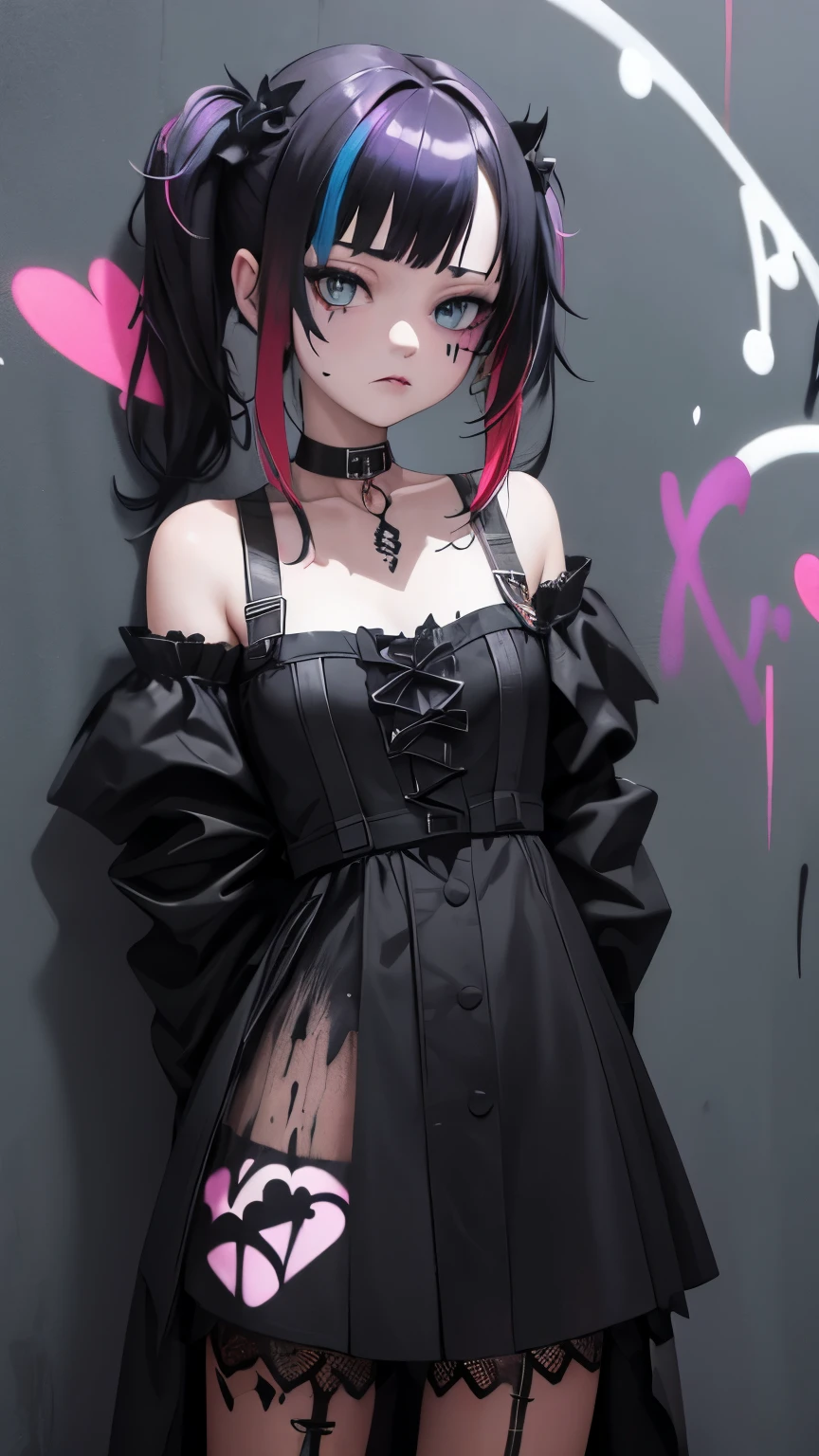 Gothic theme. masterpiece, best quality, 1girl, solo, choker, (graffiti:1.5), paint splatter, arms behind back, against wall, looking at viewer, multicolored hair, pigtails