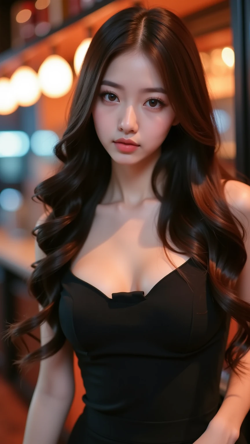 Portrait of a Japanese woman 21 years old with long, dark, glossy hair and large expressive eyes. Her petite figure is accentuated by a light black sexy short summer dress that flows gently in the breeze. She at the luxury bar in a club, wonderful night lights. The scene is captured in stunning high-quality, as if for a premium advertisement, with a perfect doll-like appearance that emphasizes elegance and charm