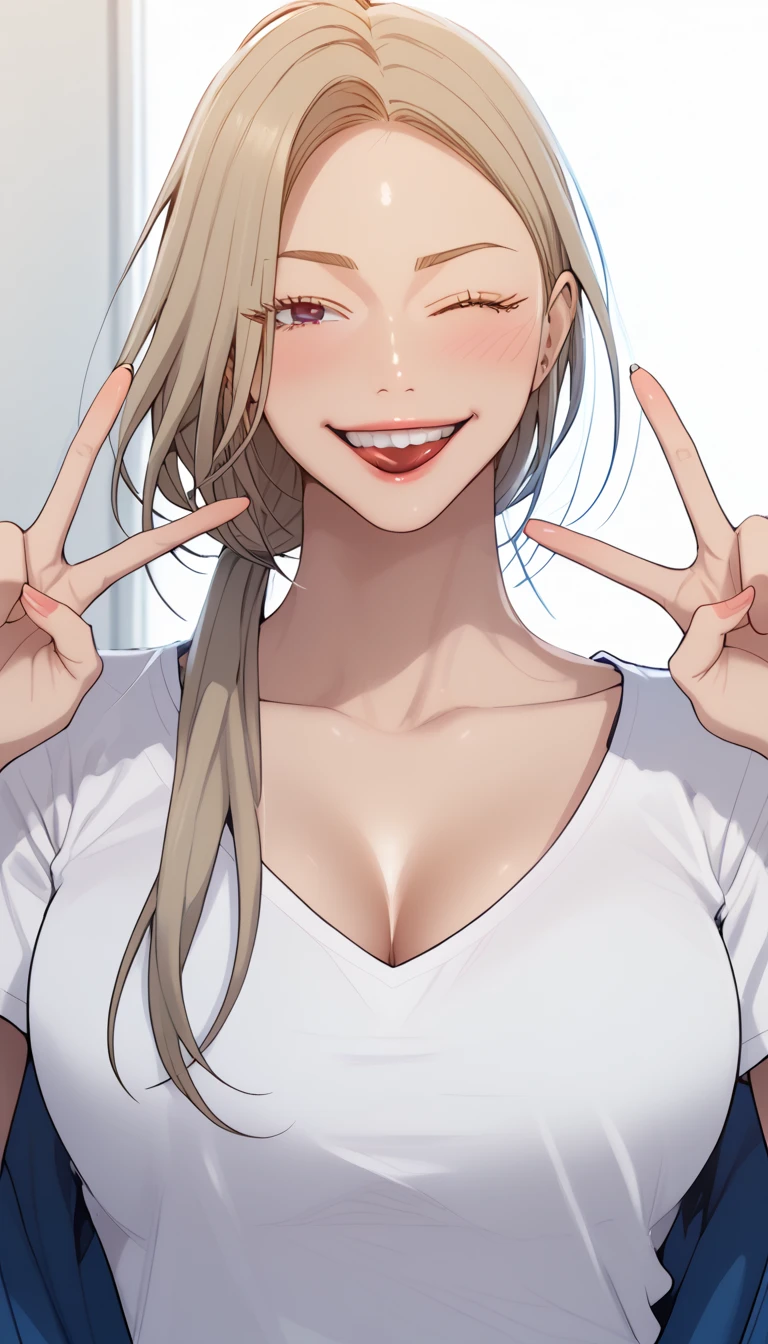 masterpiece, best quality, high quality, high resolution, high details, accurate, intricate details, 1girl, solo, scdef, Cha Mia, blonde hair, long hair, low ponytail, white t-shirt, cleavage, looking at viewer, wink, smile, tongue out, double V gesture, upper body, close-up