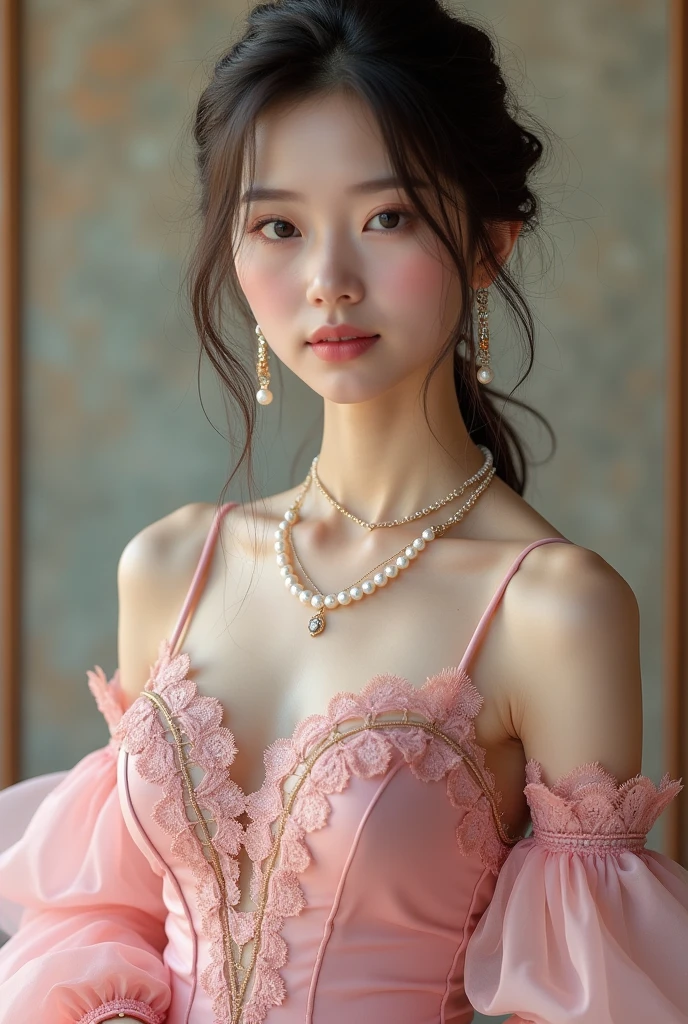 An elegant, mature young woman wearing a pink lolita outfit。Full body front view、Asian、The skin is relatively white、Luxurious clothing、Silky transparent lace on the clothes、Gold wire trim、Jewelry decoration、A pearl necklace hangs around her neck。