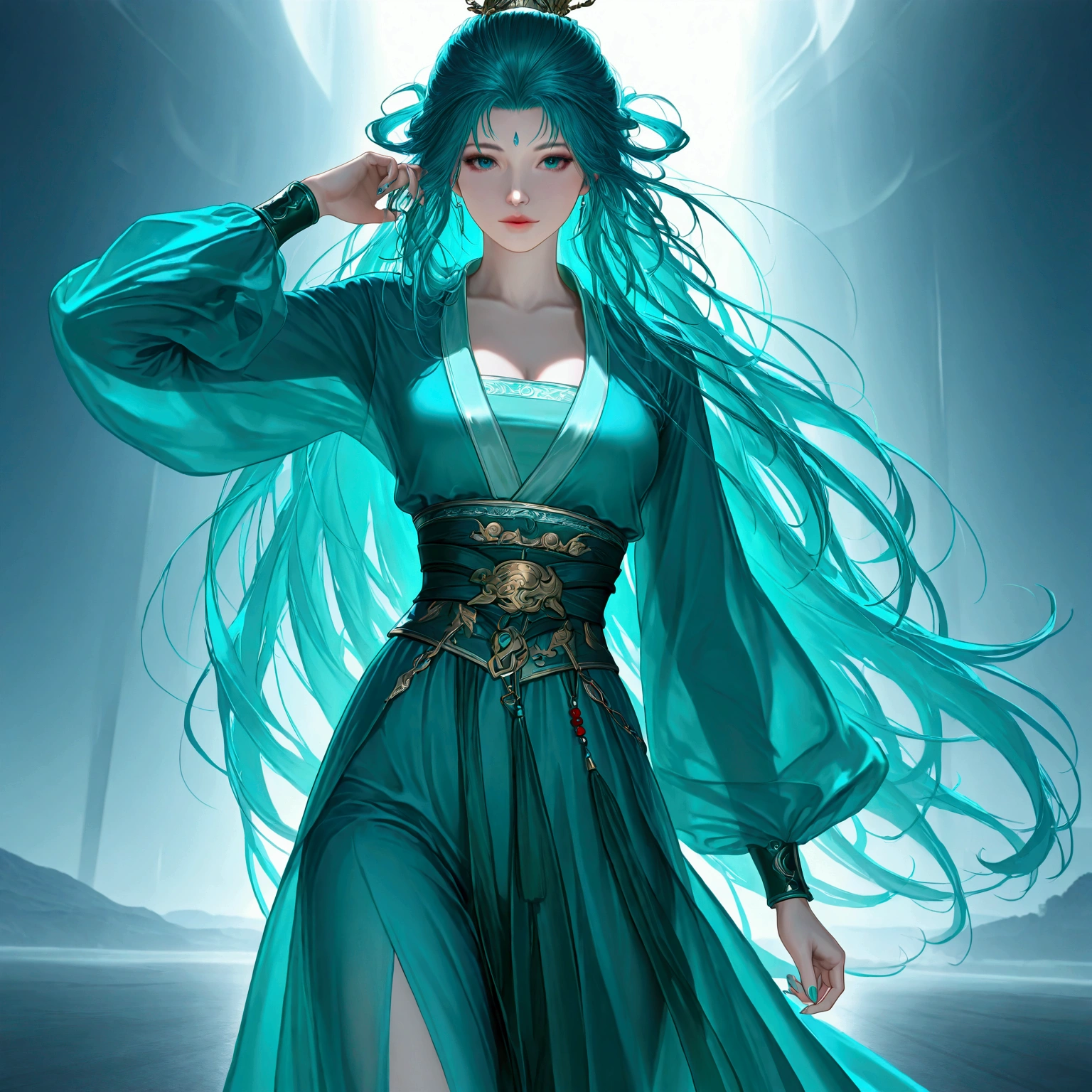 gufeng, guofeng, chinese clothes, aqua hanfu, 1girl, solo, nail polish, from viewer,  cowboy shot, 
masterpiece, best quality, realistic, 8k, official art, cinematic light, ultra high res, perfect female body, sharp focus, 
HDR, 8k, amazing quality, very aesthetic, absurdres, newest, (volumetric lighting), photorealistic, photo background, detailed skin, detailed eyes, detailed hair, fantasy,