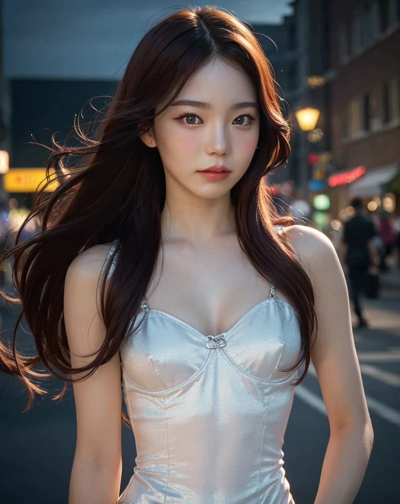 masterpiece,  top quality ,  ultra detail ,   Ultra High Resolution, (photo realistic :1.4),  RAW photos , ( realistic :0.2), 8K HDR,  realistic  cool temperature lighting, (:0.2),  One girl , Alone, Asymmetric hair ,  outdoors on the street at night, day, ( simple background:1.2), Bokeh, ( detailed lips ), (Fine pores), ( pinkish detailed skin texture), ( detailed face :1.2), ( upper body、 small breasts、 small breastsの谷間、勃起した乳首:1.2), Stocking fabric leotard,  promotional image ,  Character Portraits ,