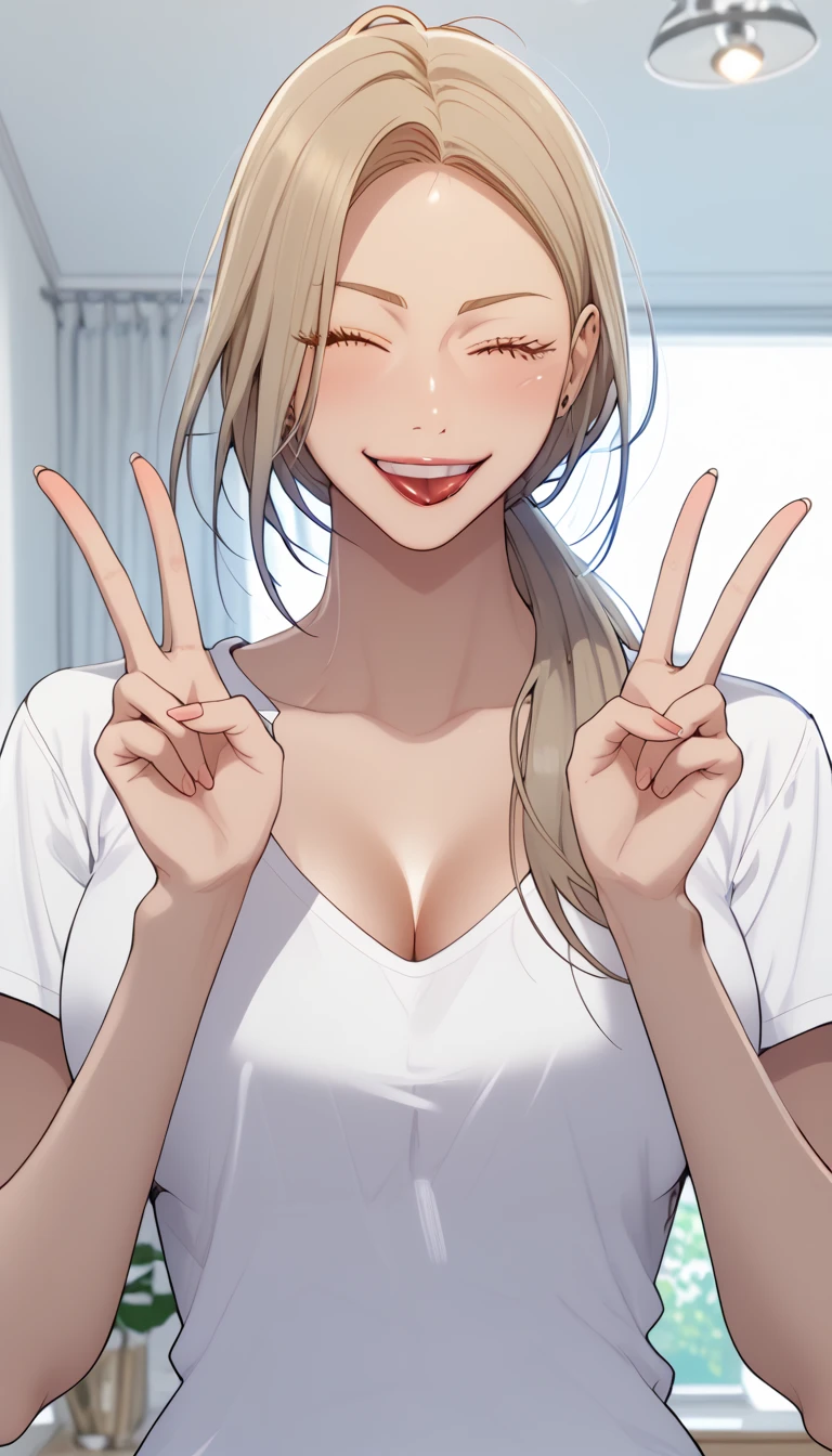 masterpiece, best quality, high quality, high resolution, high details, accurate, intricate details, 1girl, solo, scdef, Cha Mia, blonde hair, long hair, low ponytail, white t-shirt, cleavage, looking at viewer, wink, smile, tongue out, double V gesture, upper body, close-up, indoors 