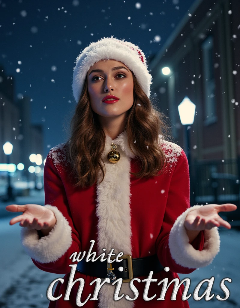  Writing silver Italic letter, "White Christmas", writing bottom screen, letter end side  X mas gold bell small picture,  Look up at the sky,upper body ,open hands, 1 female , name is Keira Knightley,  (brown middle hair, brown eye ,smile),  Santa Claus costume,  Santa hat and shoes, fall many snow, White Christmas, in New York , night, (masterpiece, highest quality, High resolution, Photo realistic, sharp, RAW Photos, wallpaper, perfection, Professional Lighting, Very detailed)