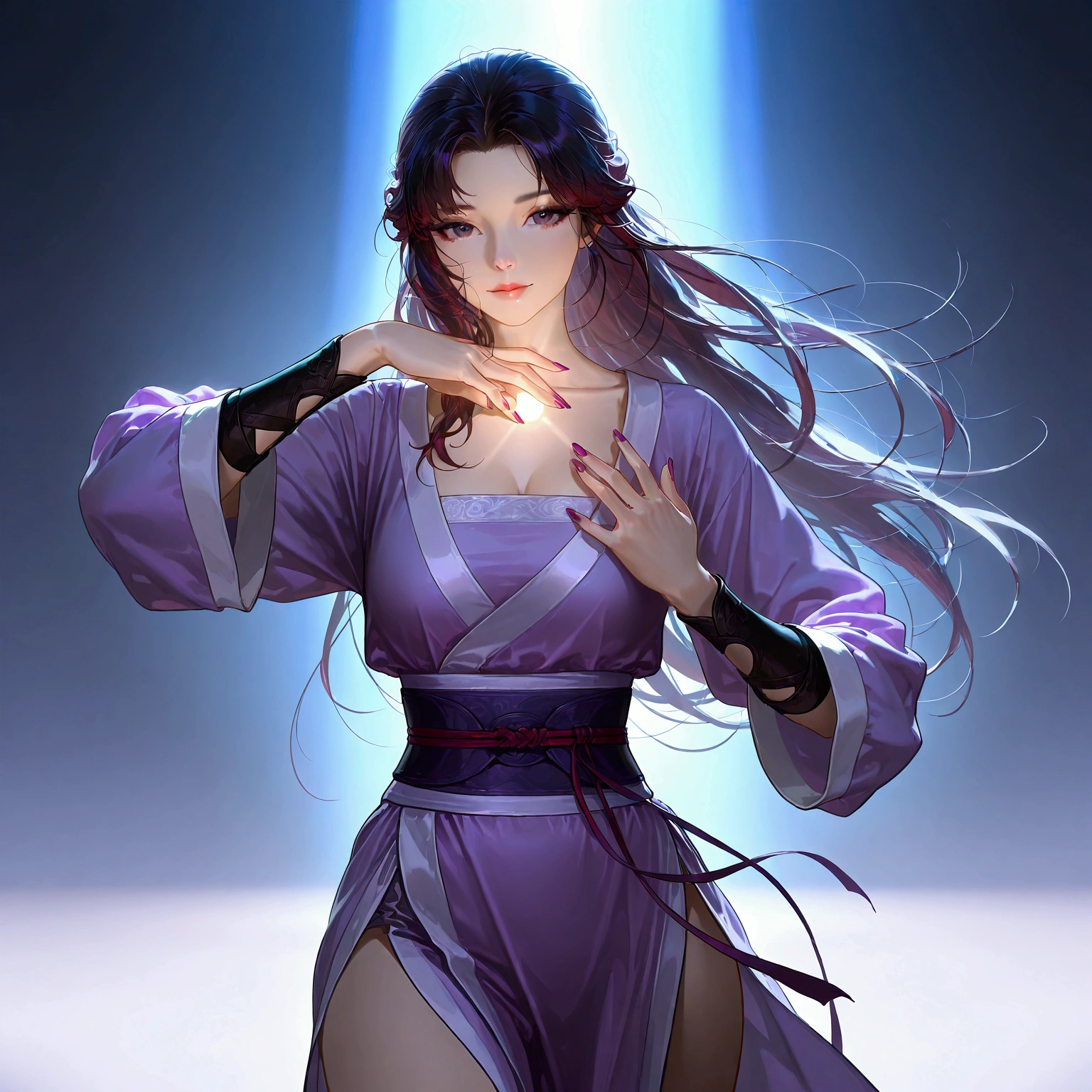 gufeng, guofeng, chinese clothes, purple hanfu, 1girl, solo, nail polish, from viewer,  cowboy shot, 
masterpiece, best quality, realistic, 8k, official art, cinematic light, ultra high res, perfect female body, sharp focus, 
HDR, 8k, amazing quality, very aesthetic, absurdres, newest, (volumetric lighting), photorealistic, photo background, detailed skin, detailed eyes, detailed hair, fantasy,