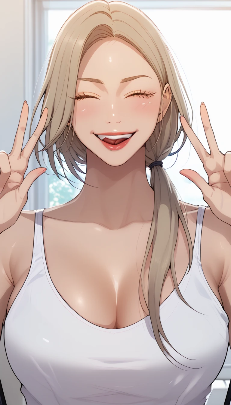 masterpiece, best quality, high quality, high resolution, high details, accurate, intricate details, 1girl, solo, scdef, Cha Mia, blonde hair, long hair, low ponytail, white tank top, cleavage, looking at viewer, wink, smile, tongue out, double V gesture, upper body, close-up, indoors 