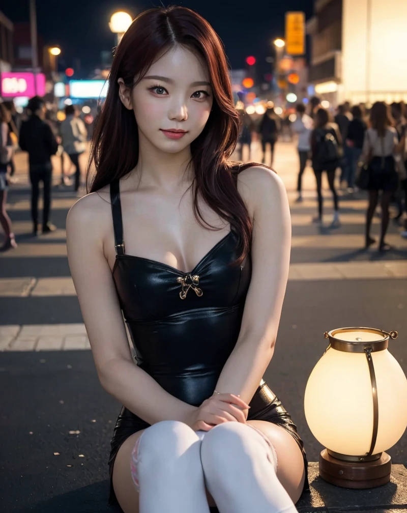 masterpiece,  top quality ,  ultra detail ,   Ultra High Resolution, (photo realistic :1.4),  RAW photos , ( realistic :0.2), 8K HDR,  realistic  cool temperature lighting, (:0.2),  One girl , Alone, Asymmetric hair ,  outdoors on the street at night, day, ( simple background:1.2), Bokeh, ( detailed lips ), (Fine pores), ( pinkish detailed skin texture), ( detailed face :1.2), ( upper body、 small breasts、 small breastsの谷間、勃起した乳首:1.2),  thin fabric leotard ,  promotional image ,  Character Portraits , looking at camera、 smiles、 knee socks、