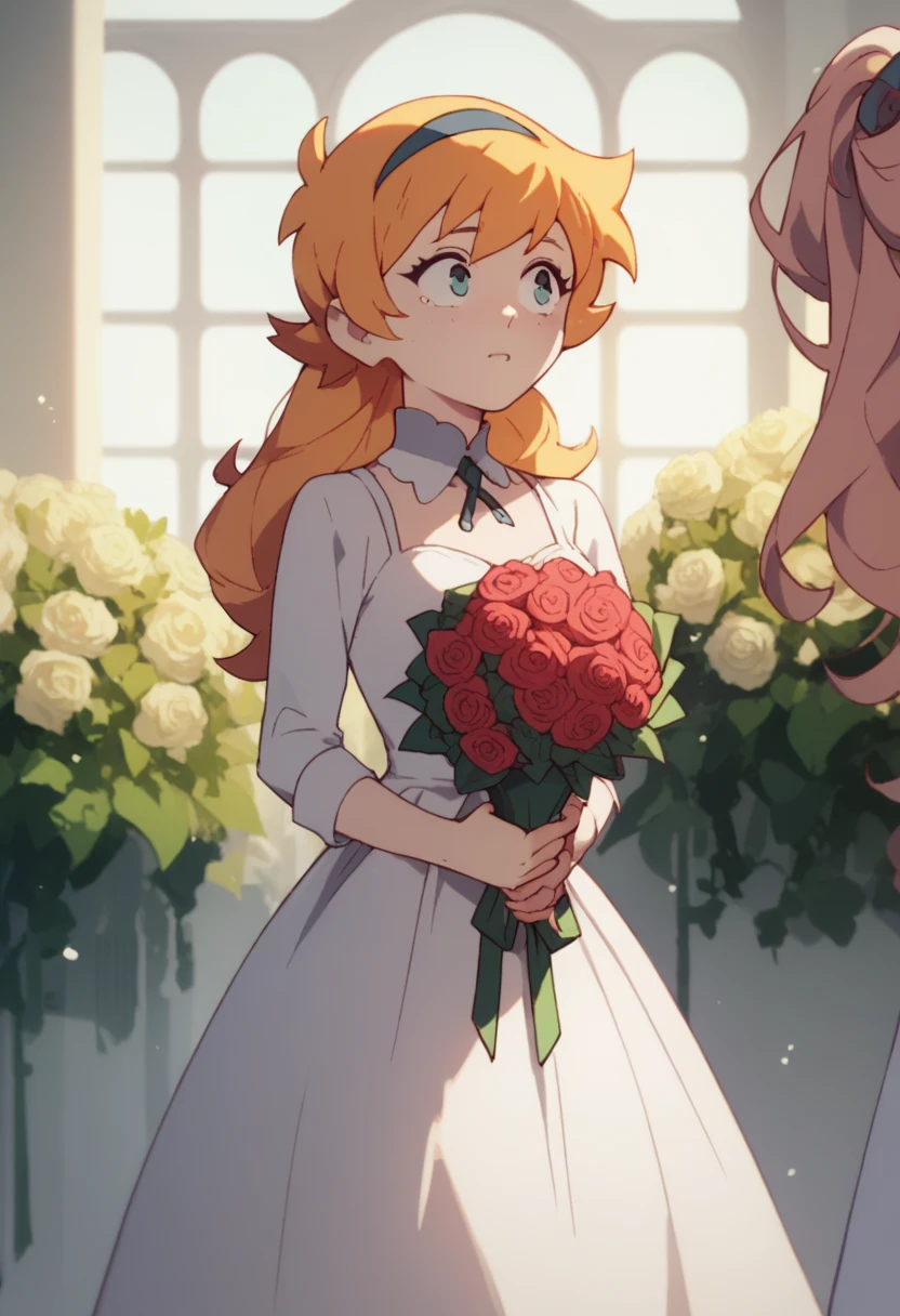 Lotte Jason, long hair, white dress ,, watching the sunset , a bouquet of roses, with tears having ,and flowers next to her 