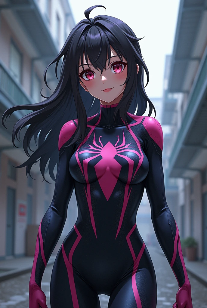 suzunehorikita, suzune horikita, black hair, braid, long hair, (purple eyes:1.1), in spiderman suit, in the city, best quality, high resolution, unity 8k wallpaper